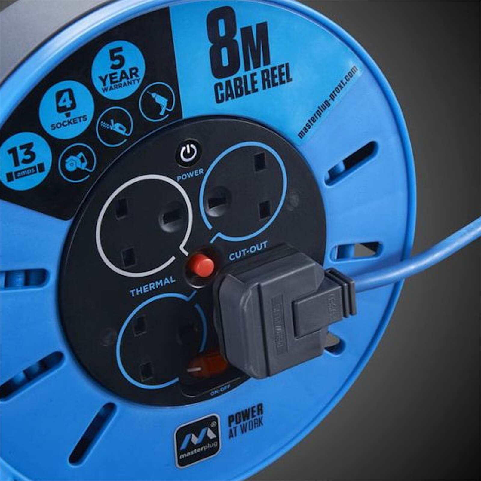 Masterplug Pro XT 4 Socket Cassette Reel 8m Blue
