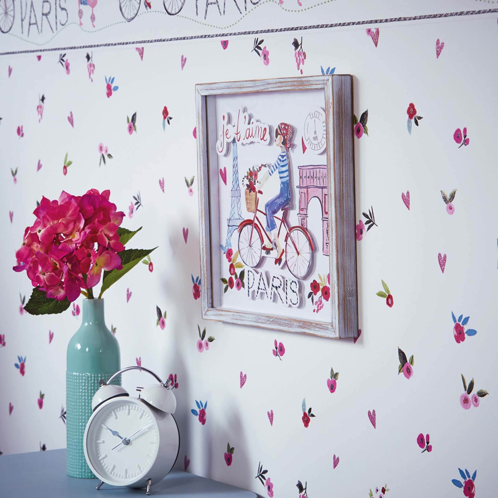 Arthouse Paris with Love Floral Embossed Glitter White and Pink Wallpaper
