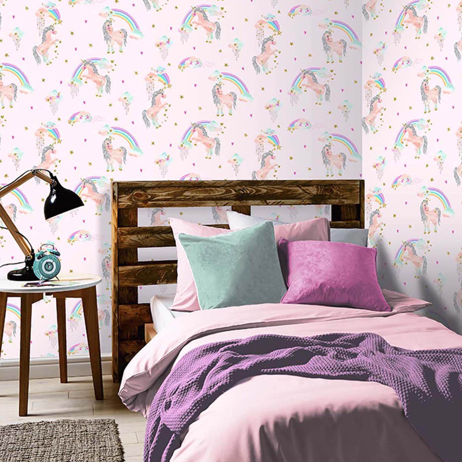 Arthouse Rainbow Unicorn Kids Smooth Glitter Pink Wallpaper