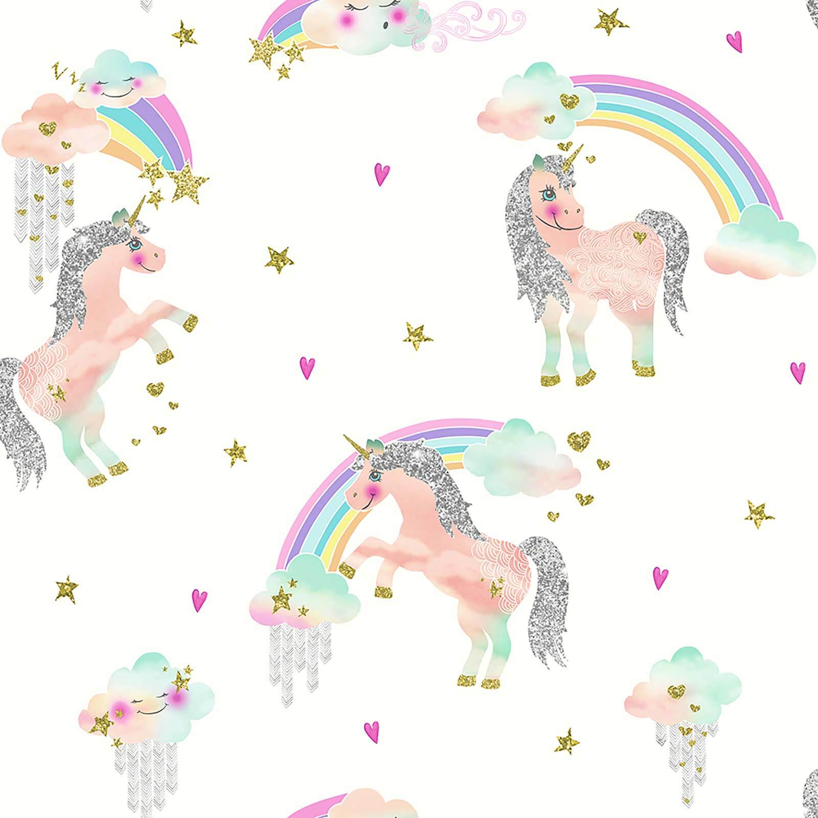 Arthouse Rainbow Unicorn Kids Smooth Glitter White Wallpaper