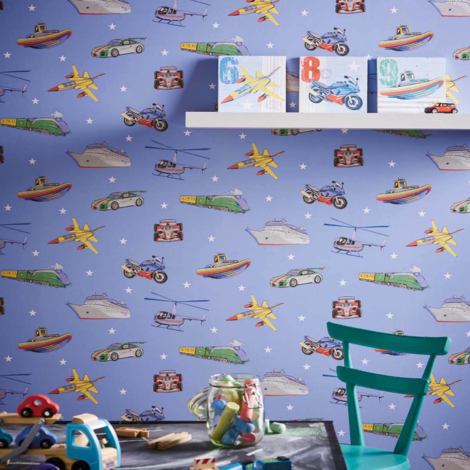 Arthouse Zoom Away Vehicles KIds Smooth Blue Multi Coloured Wallpaper