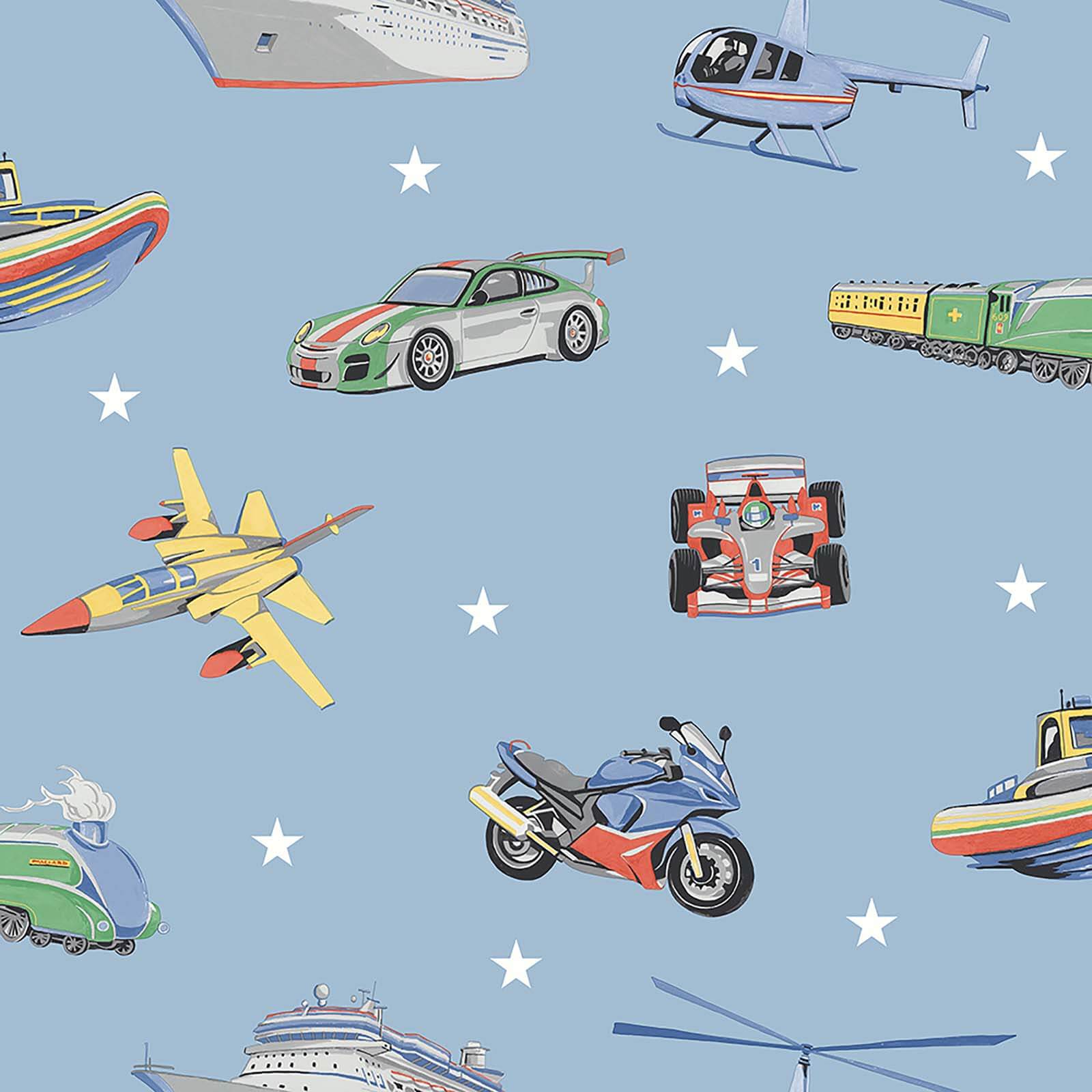 Arthouse Zoom Away Vehicles KIds Smooth Blue Multi Coloured Wallpaper