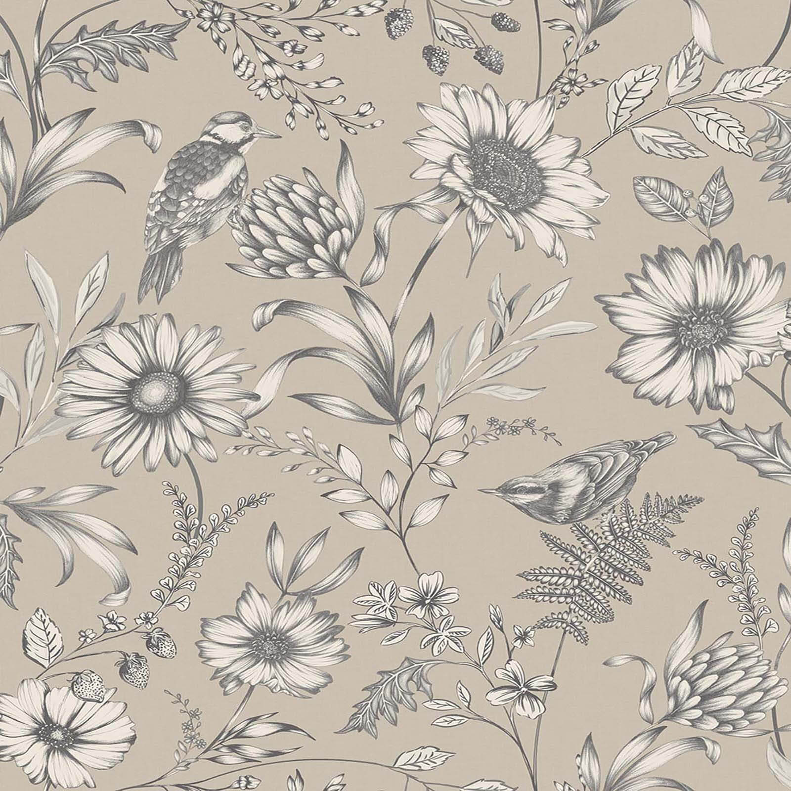 Arthouse Botanical Songbird Floral Smooth Glitter Natural Wallpaper
