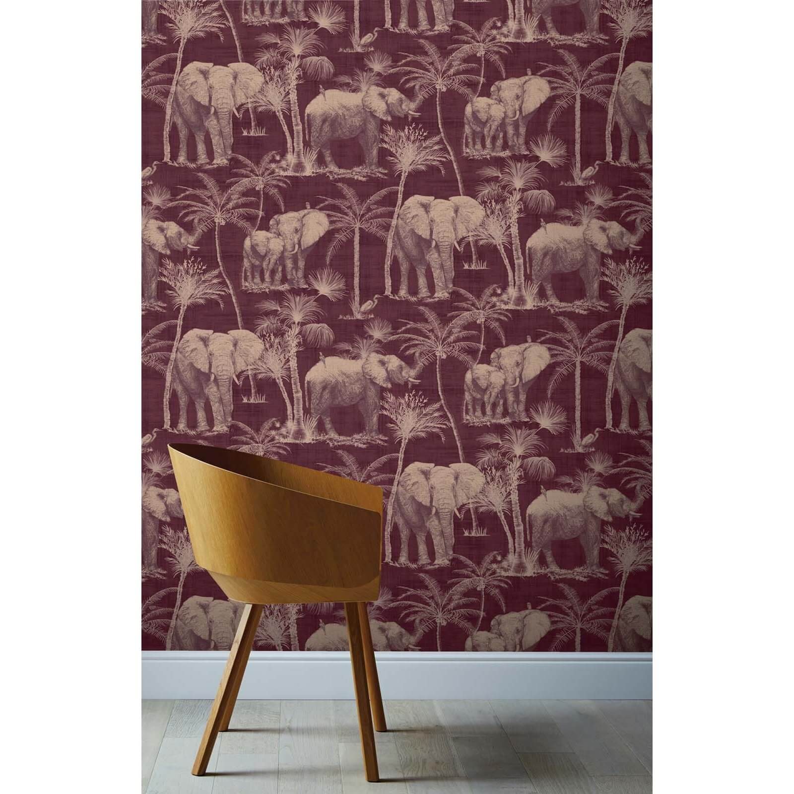 Arthouse Elephant Grove Jungle Embossed Metallic Aubergine Wallpaper