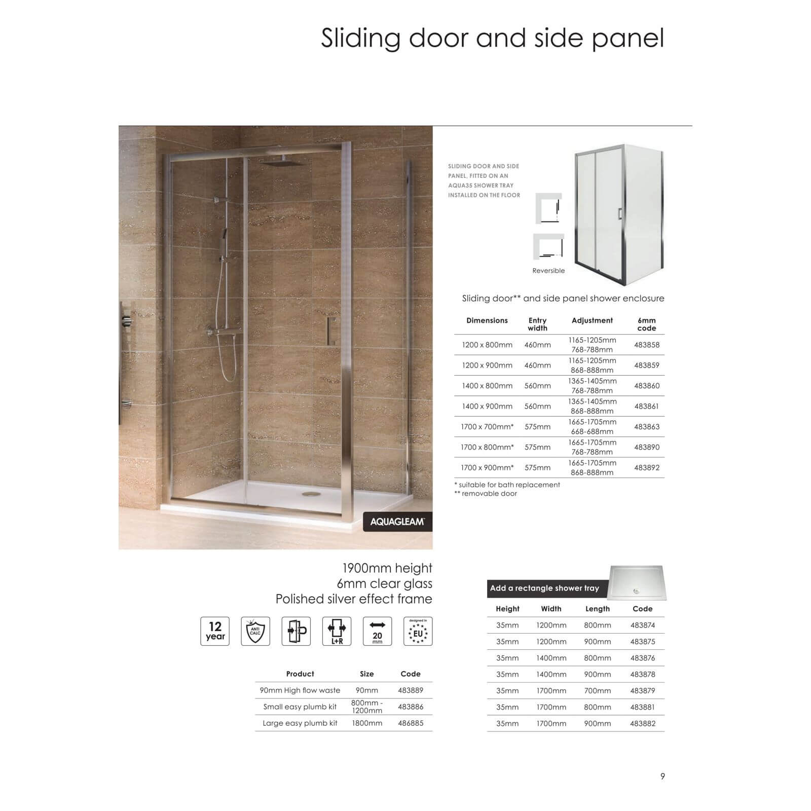 Aqualux Sliding Door Shower Enclosure - 1700 x 800mm