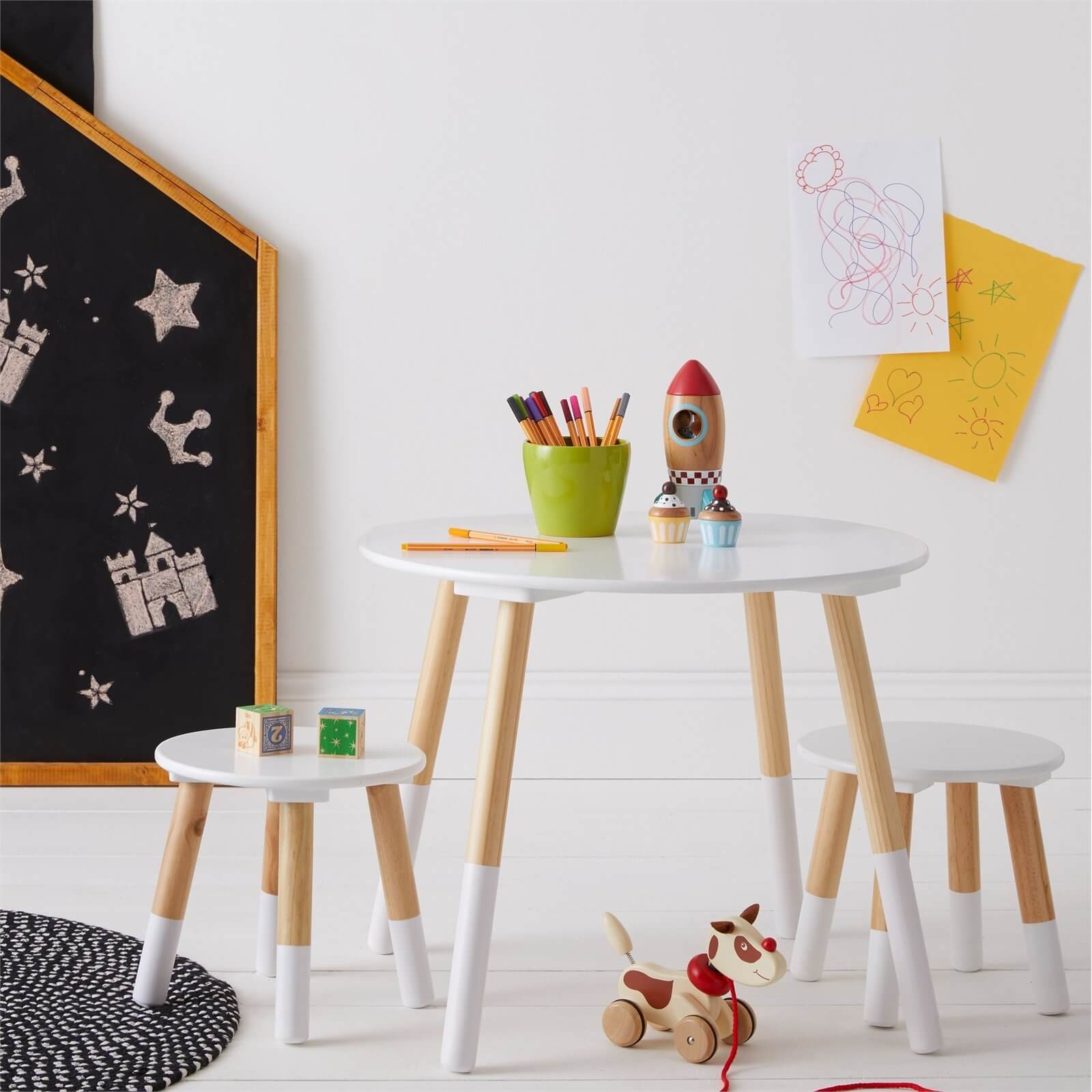 Kids Round Table with 2 Stools - White and Oak