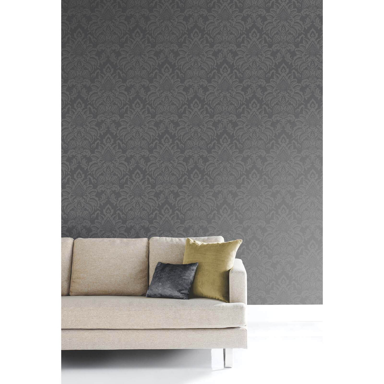 Arthouse Precious Metals Glisten Damask Textured Glitter Gunmetal Grey Wallpaper
