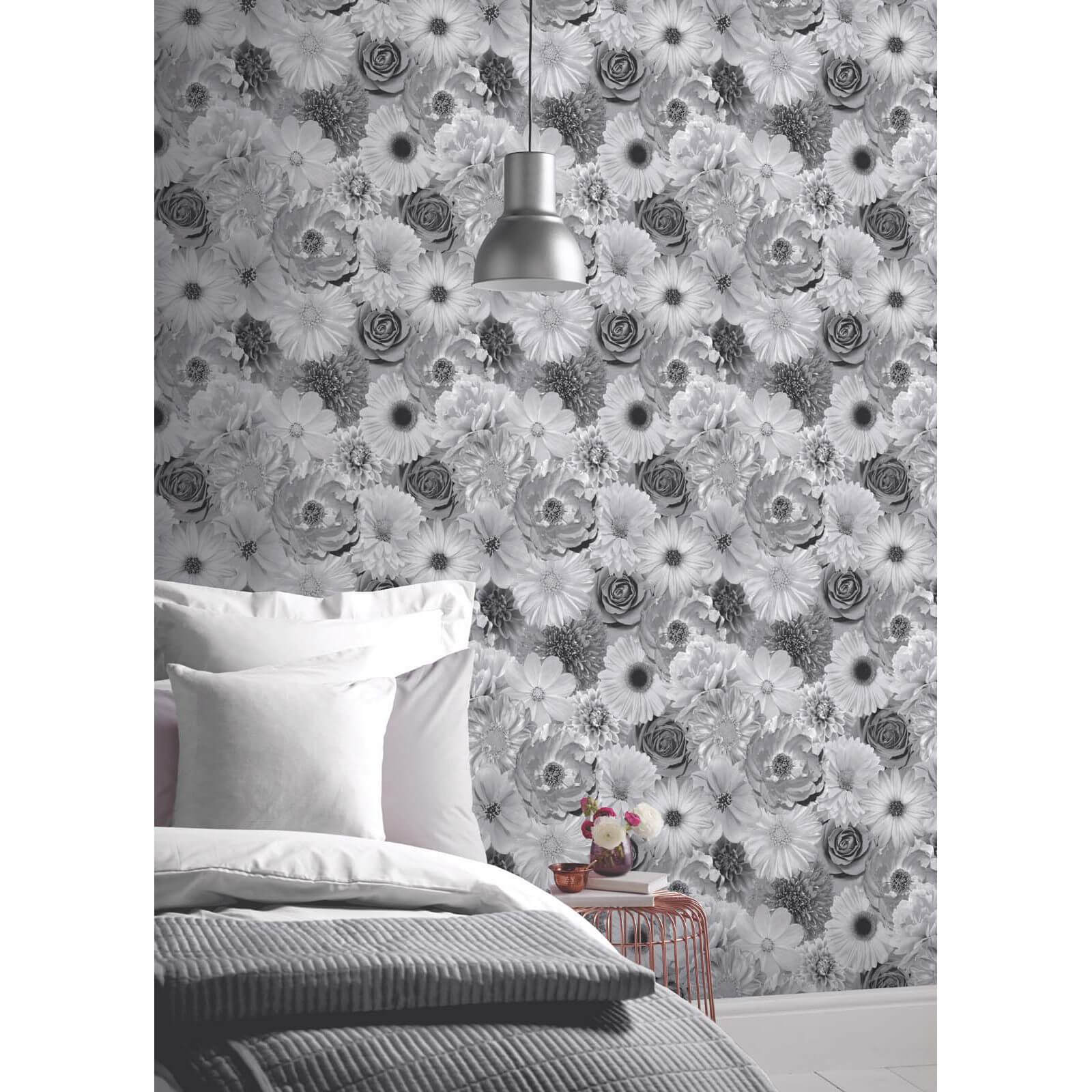 Arthouse Foil in Bloom Floral Textured Metallic Black and Silver Wallpaper