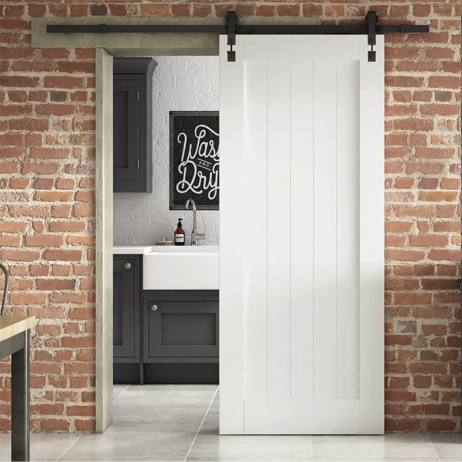 Cottage White Primed FLB Sliding Barn Door with Industrial Track 2073 x 862mm