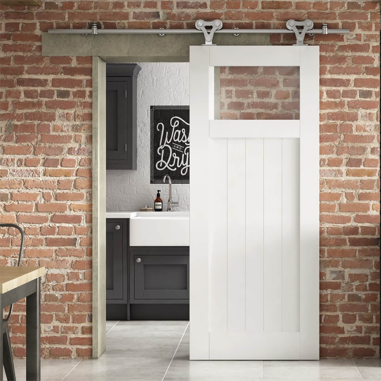 Cottage White Primed Clear Glazed FLB Sliding Barn Door with Elegant Track 2073 x 862mm