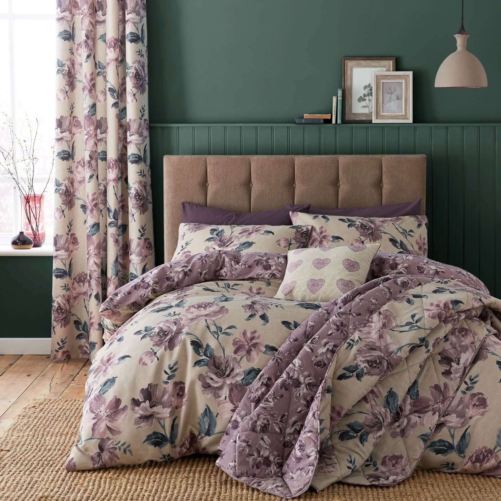 Catherine Lansfield Painted Floral Easy Care Double Duvet Set - Plum