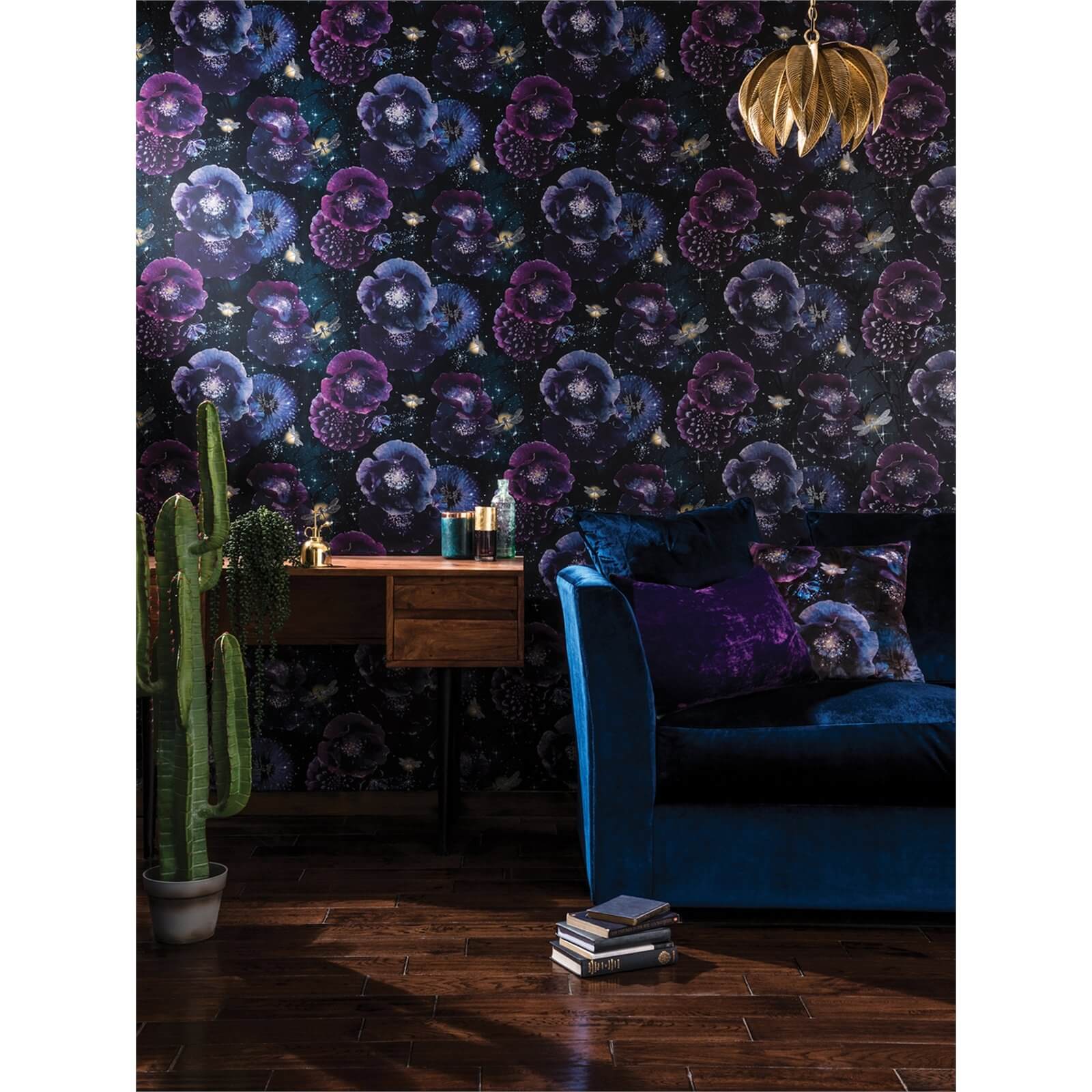 Arthouse Nocturnal Floral Smooth Glitter Purple and Teal Wallpaper