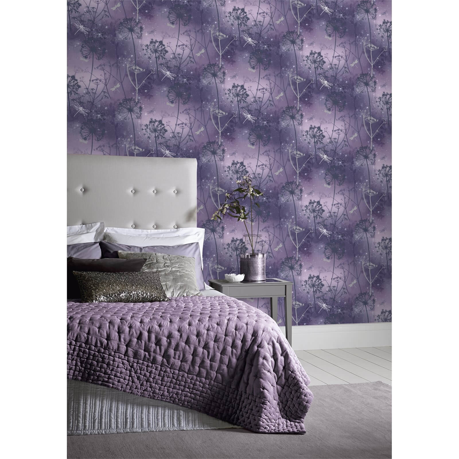Arthouse Damselfly Floral Smooth Glitter Purple Wallpaper