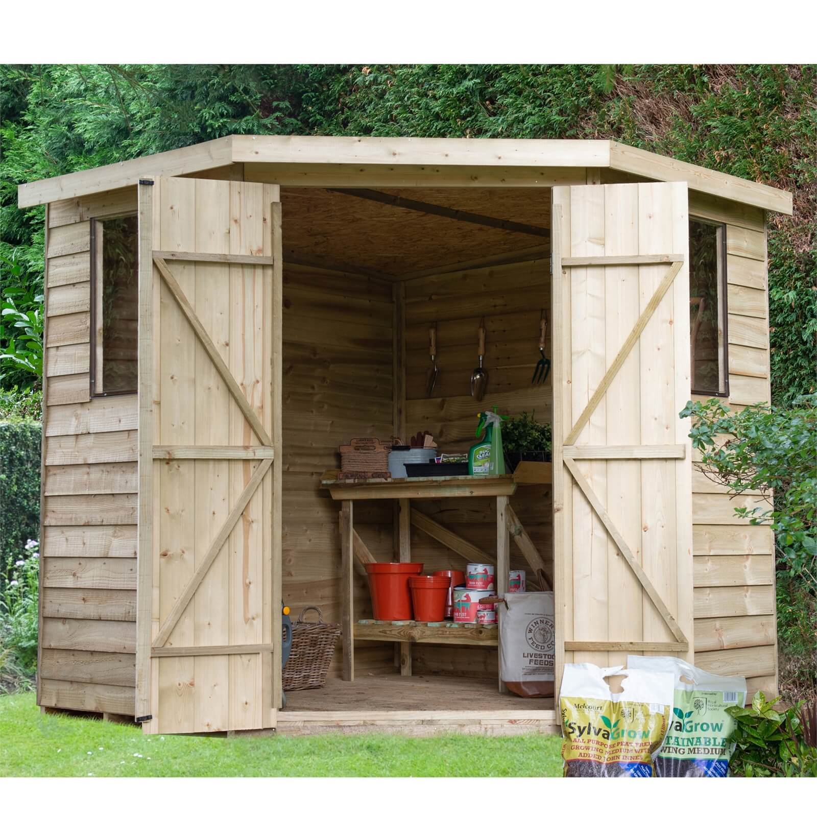 7x7ft Forest Overlap Pressure Treated Corner Shed - incl. Installation