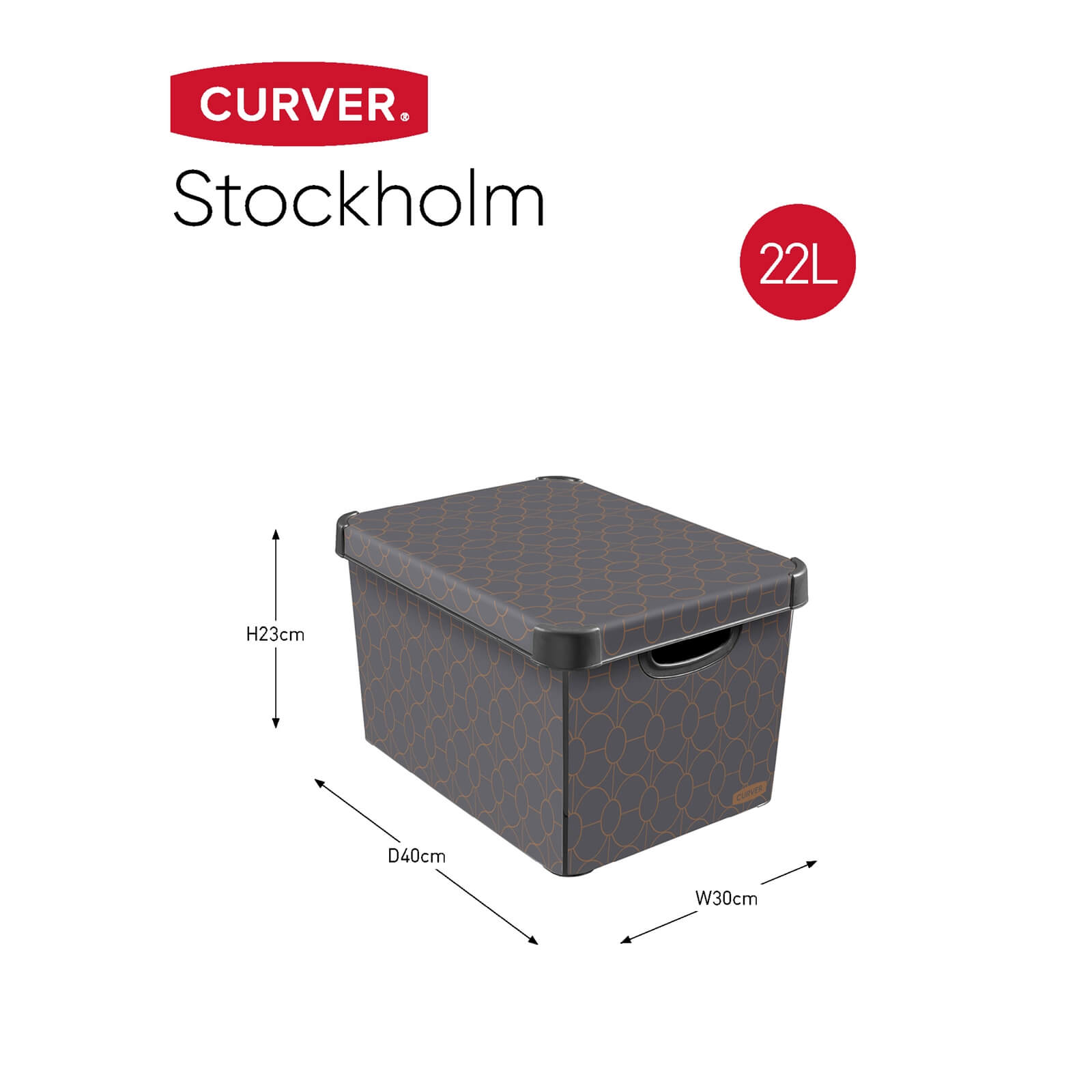 Curver Stockholm Art Deco Plastic Deco Storage Box, Grey / Bronze effect 22L