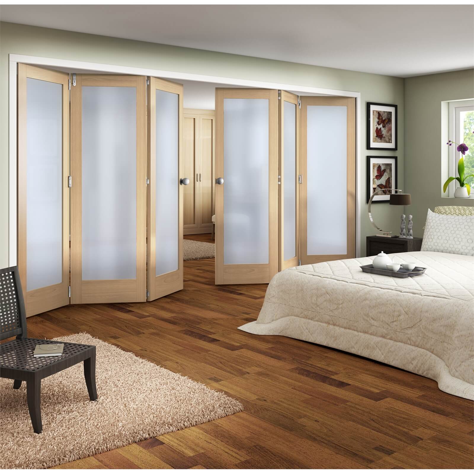 Shaker Oak 1 Light Obscure Glazed Interior Folding Doors 3 x 3 2047 x 4227mm