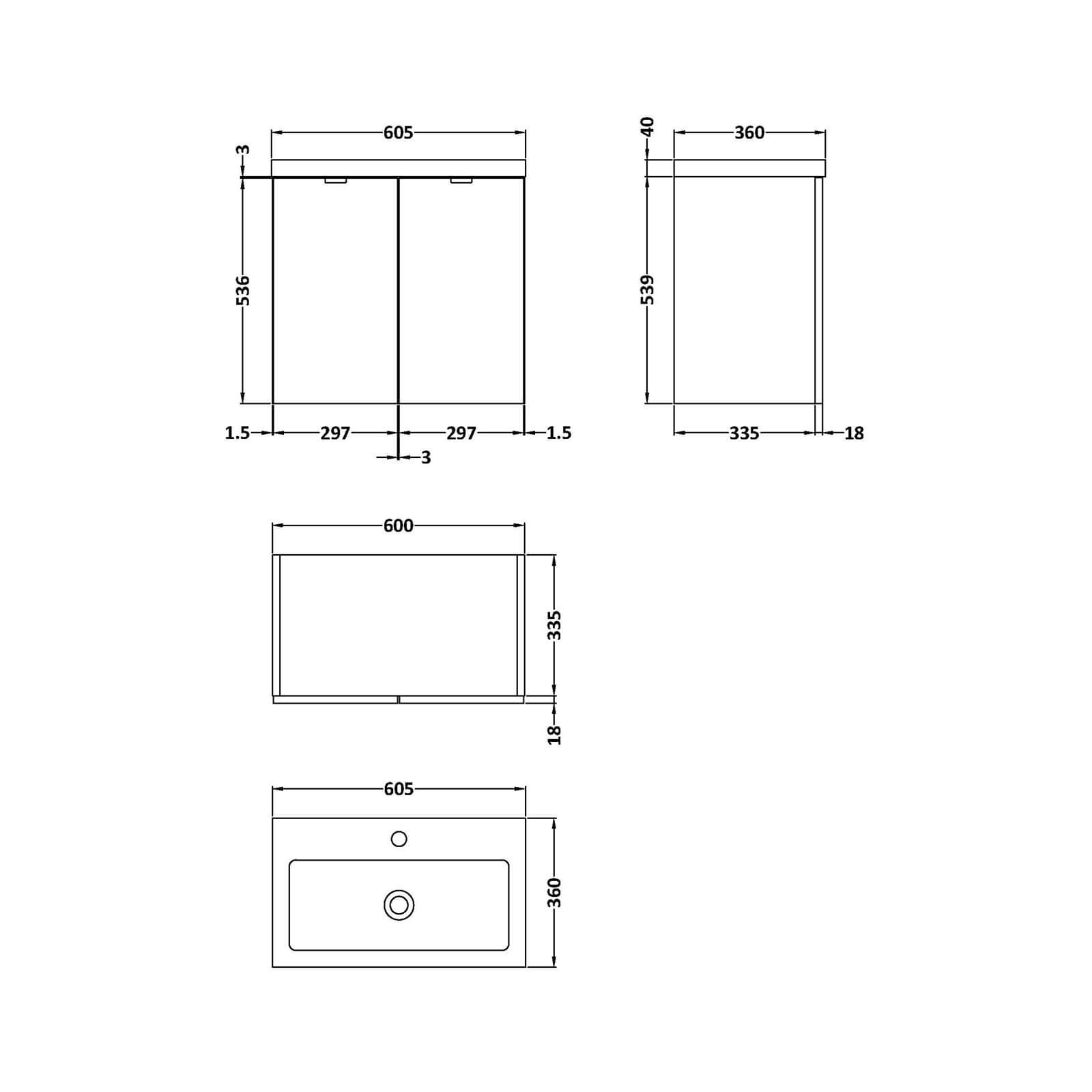 Balterley Dynamic 600mm Wall Hung Compact Door Unit with Basin - Gloss Grey