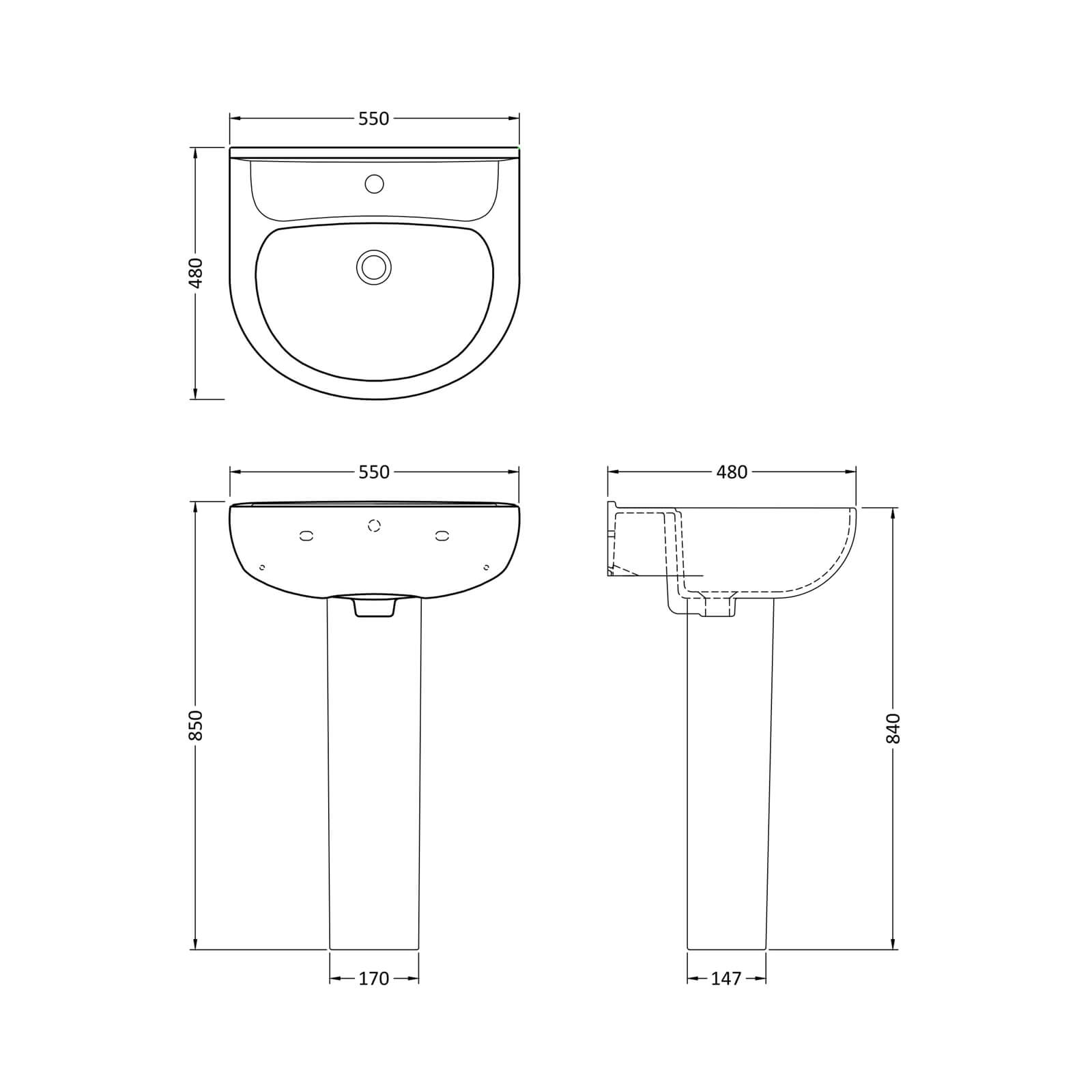 Balterley Ridley 1 Tap Hole Basin and Full Pedestal - 550mm