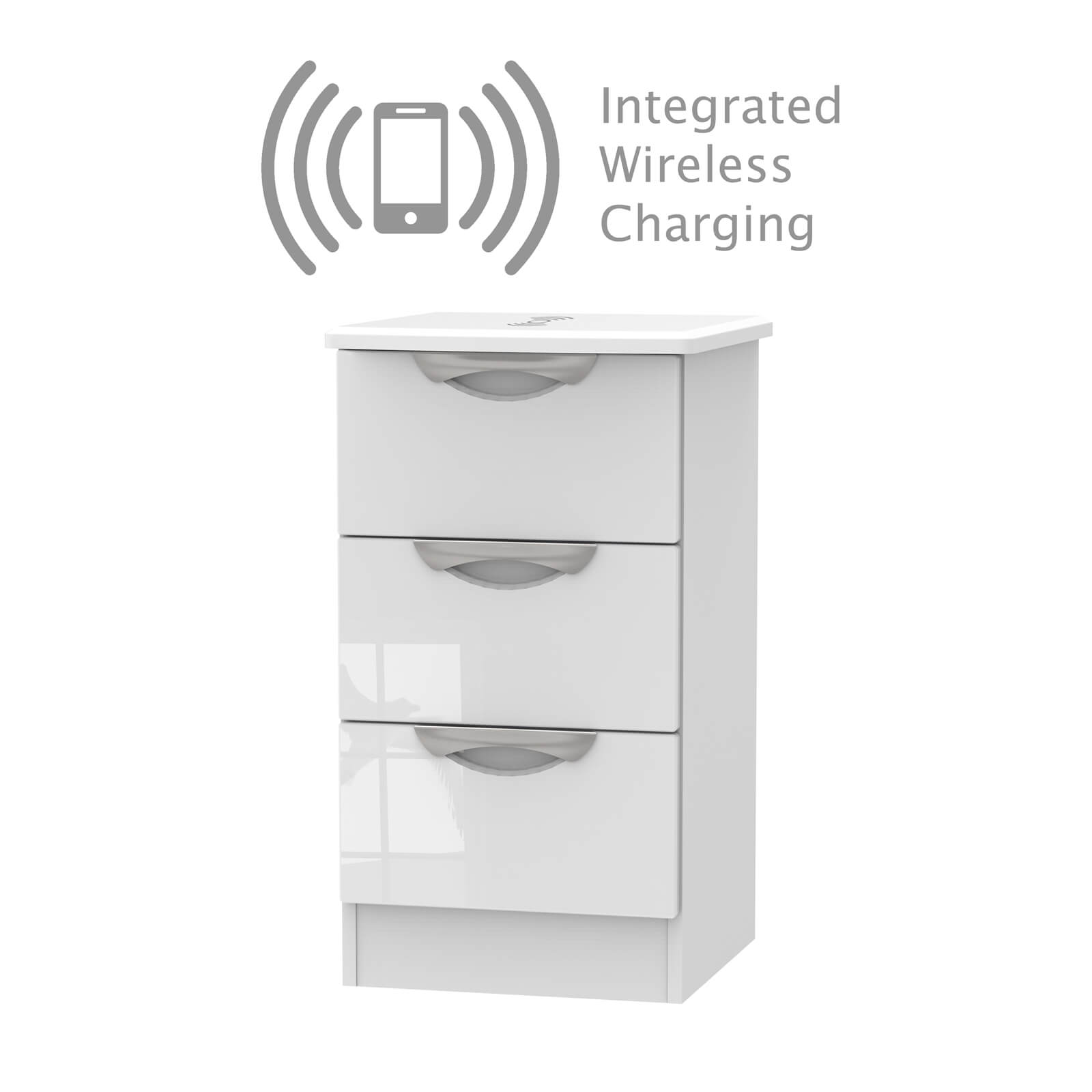 Portofino White Gloss 3 Drawer Bedside Cabinet - Rechargeable