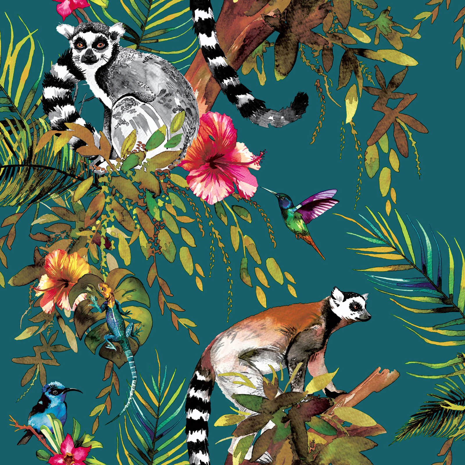 Holden Decor Lemur Jungle Smooth Teal Background Wallpaper