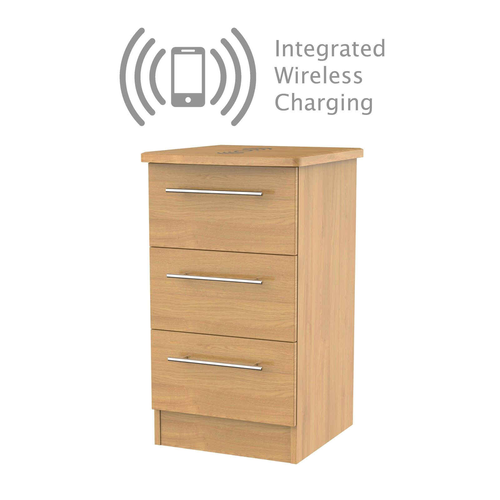 Siena Modern Oak 3 Drawer Bedside Cabinet - Rechargeable