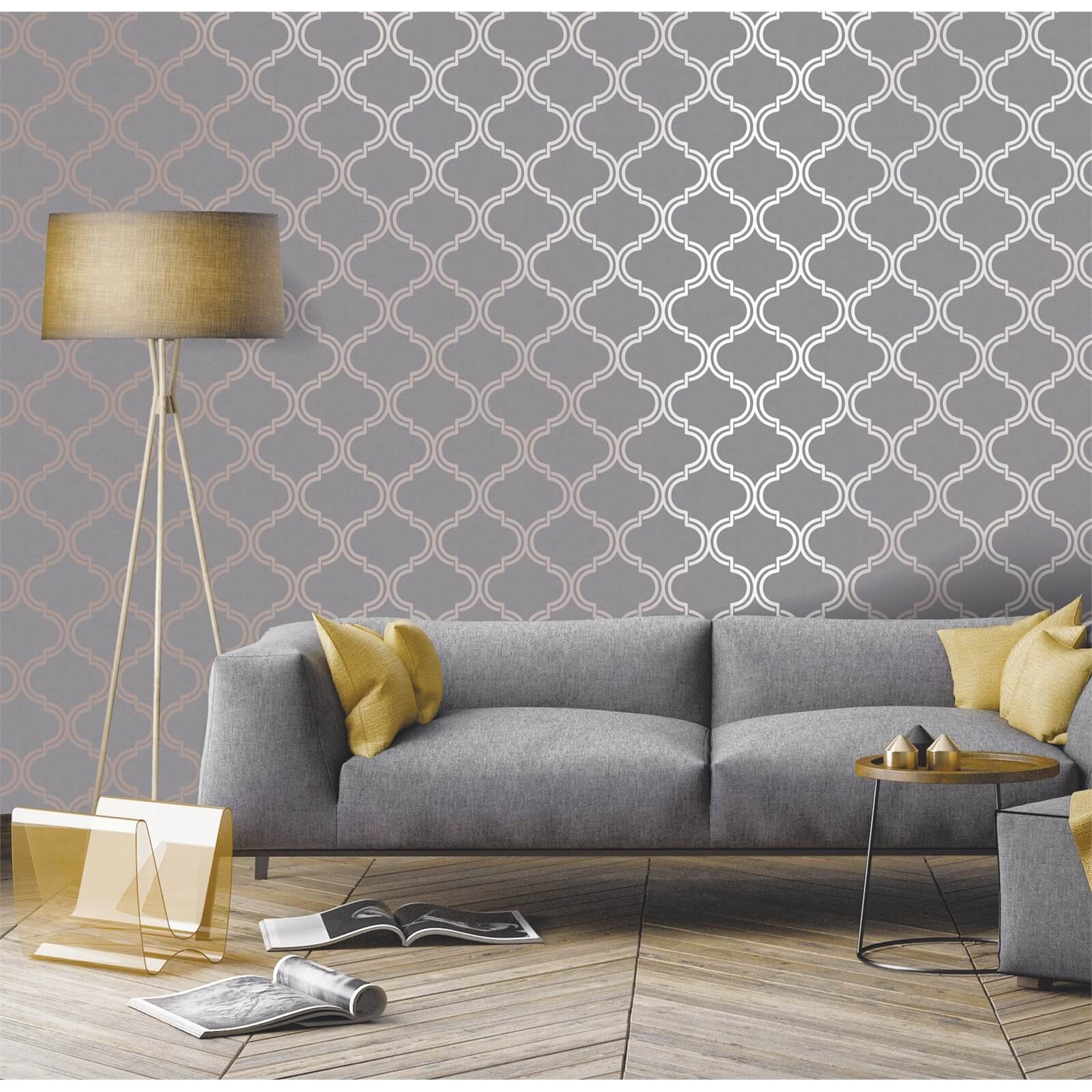 Holden Decor Glistening Geo Trellis Geometric Smooth Metallic Dark Grey and Rose Gold Wallpaper