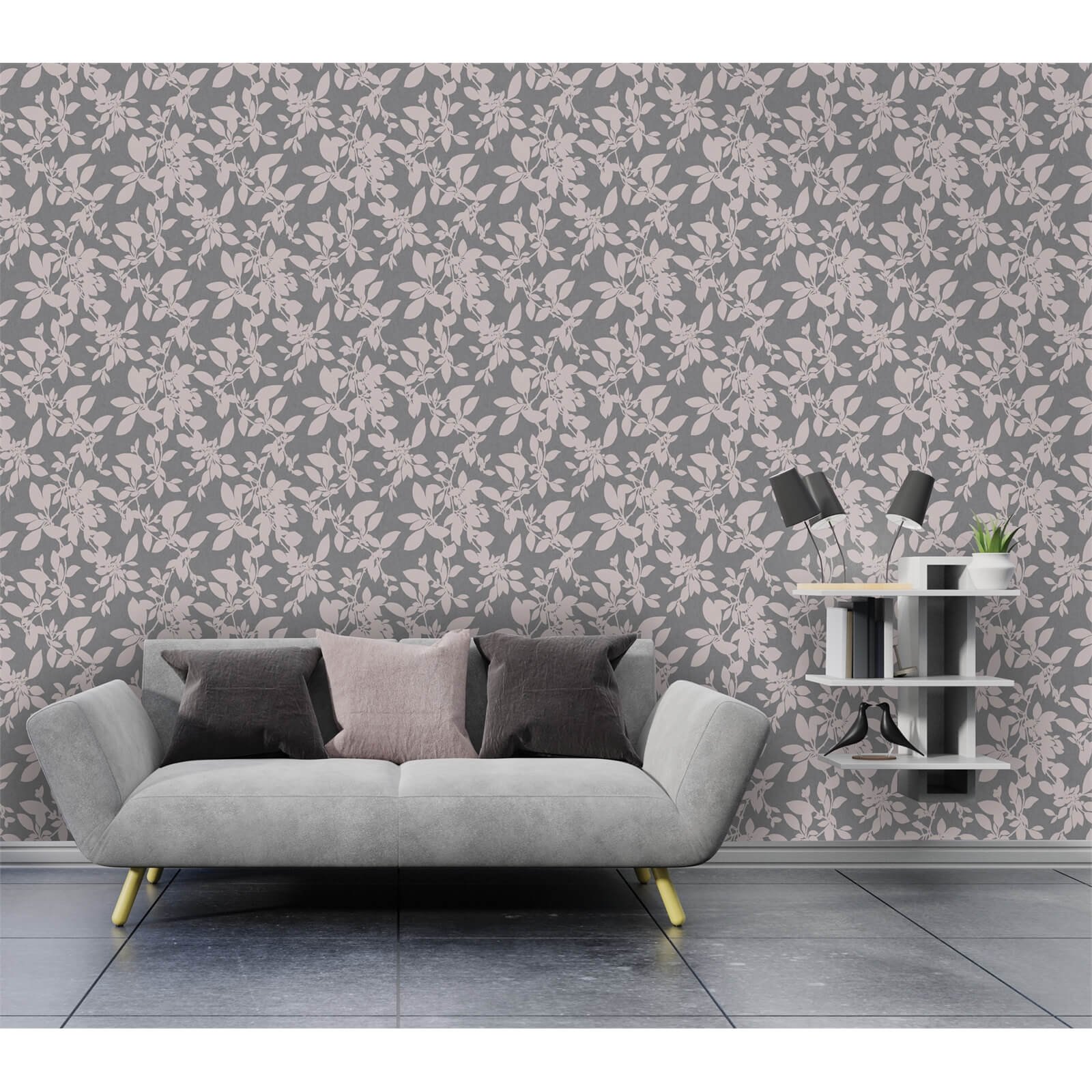 Holden Decor Linden Floral Textured Metallic Glitter Charcoal Pink Wallpaper