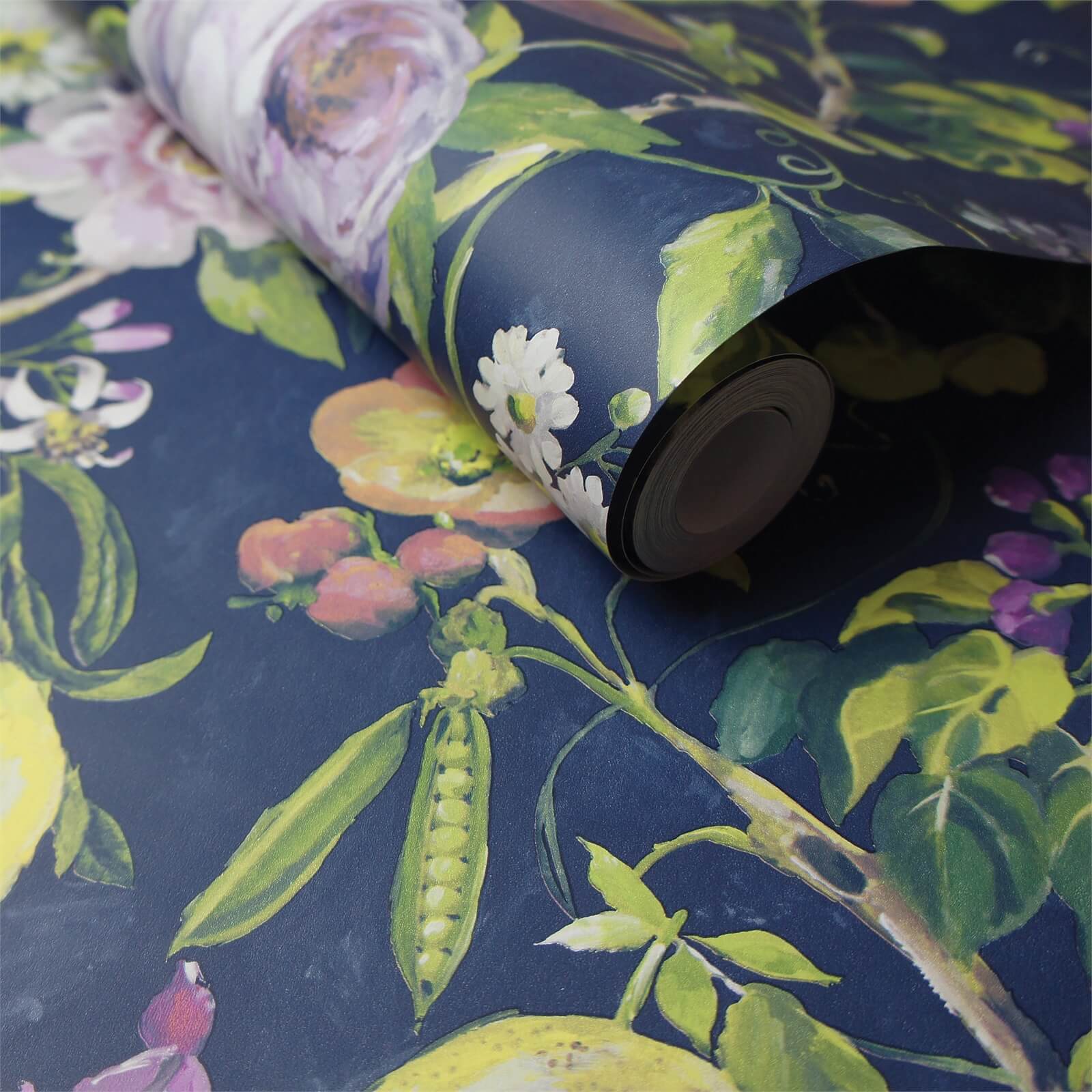Holden Decor Viola Floral Smooth Navy and Green Wallpaper