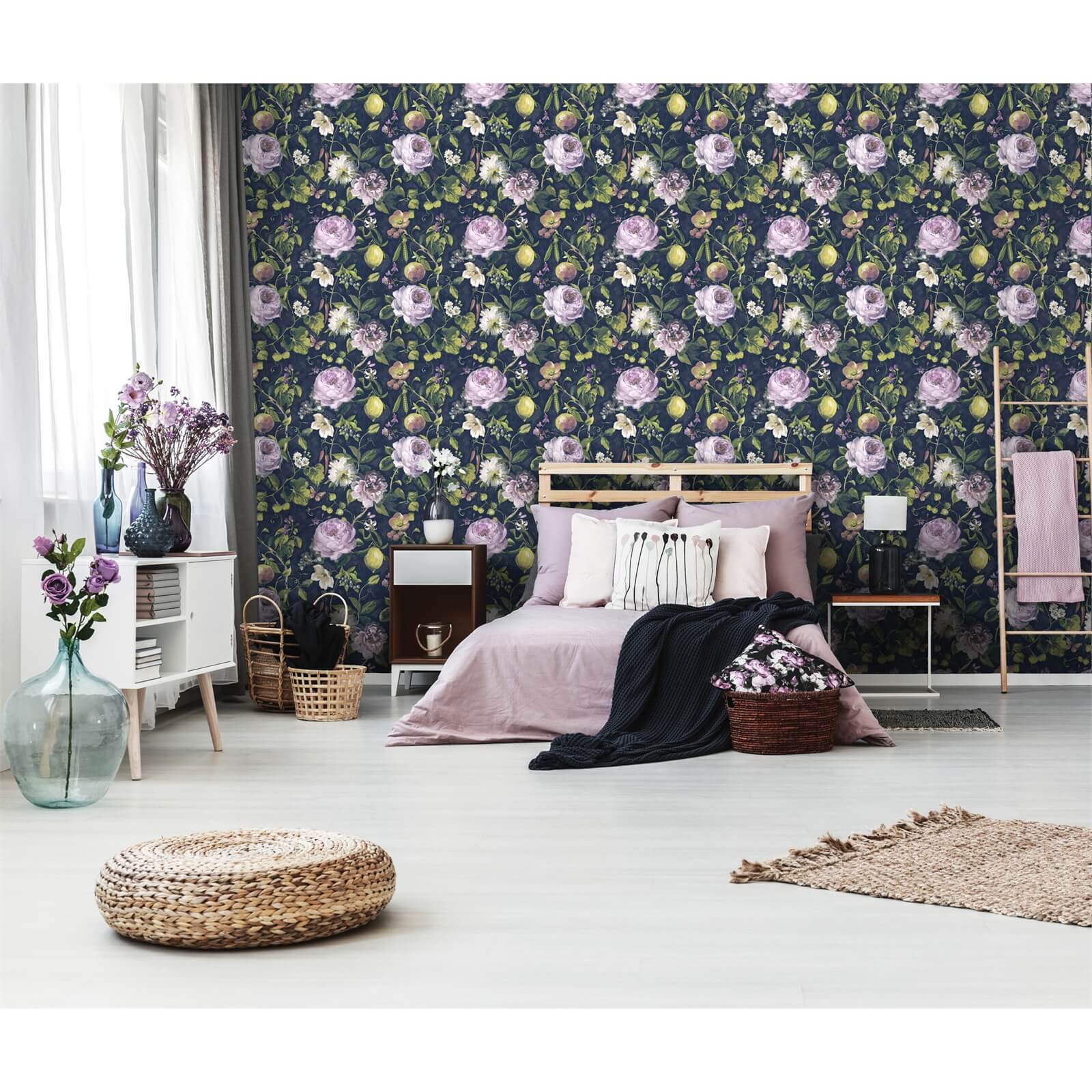 Holden Decor Viola Floral Smooth Navy and Green Wallpaper