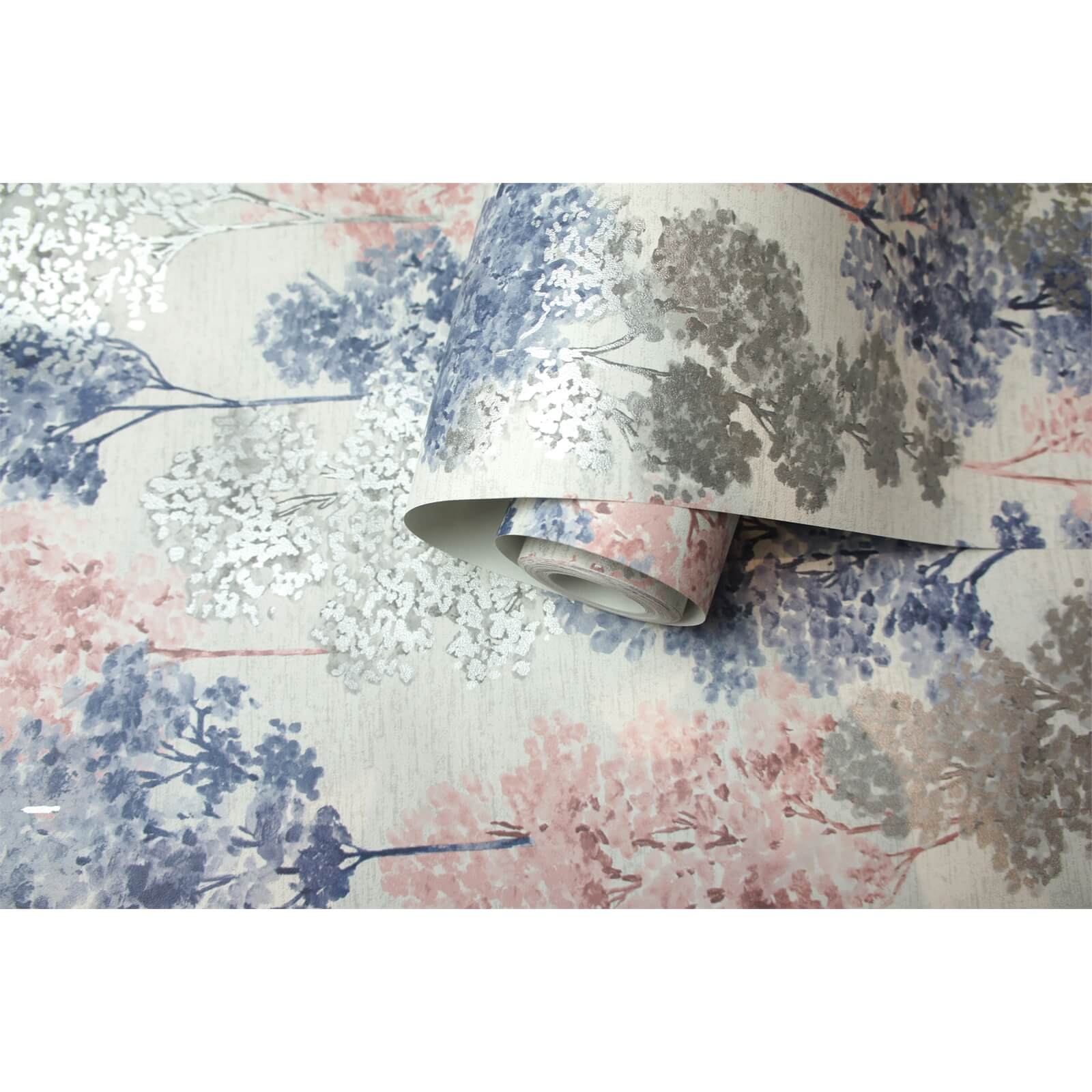Holden Decor Whinfell Tree Textured Metallic Navy and Coral Wallpaper