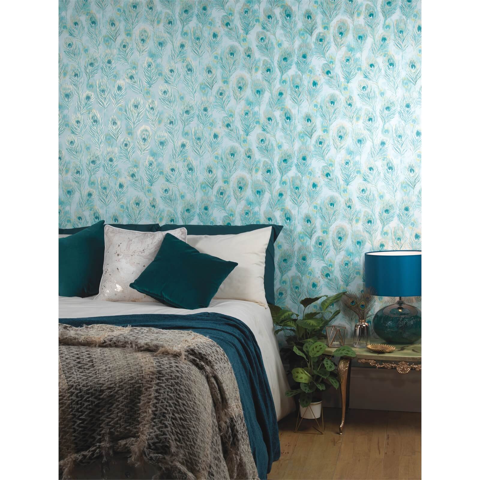 Holden Decor Pinion Feathers Smooth Metallic Teal Wallpaper