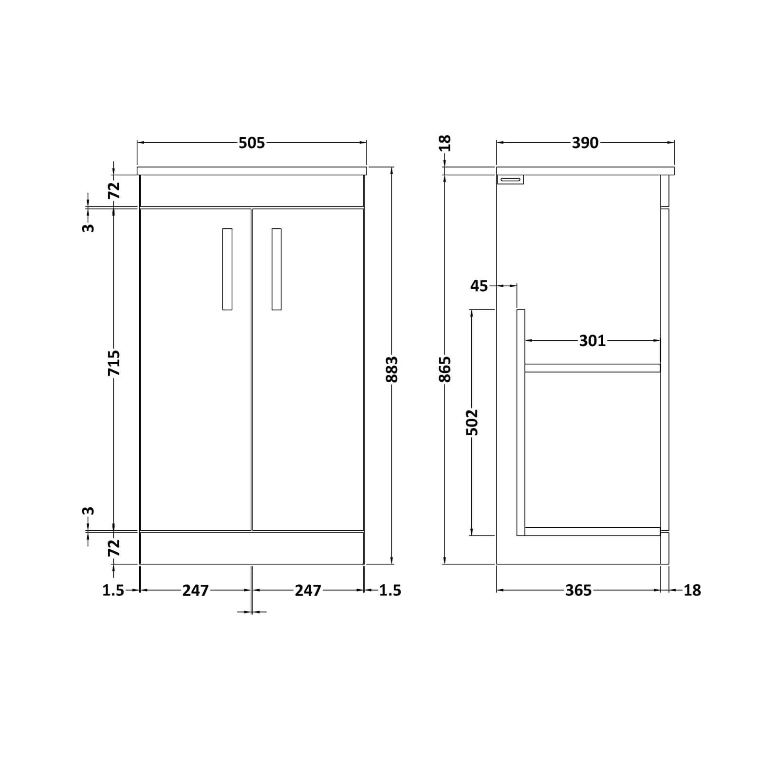 Balterley Rio 500mm Freestanding 2 Door Vanity With Worktop - Gloss White