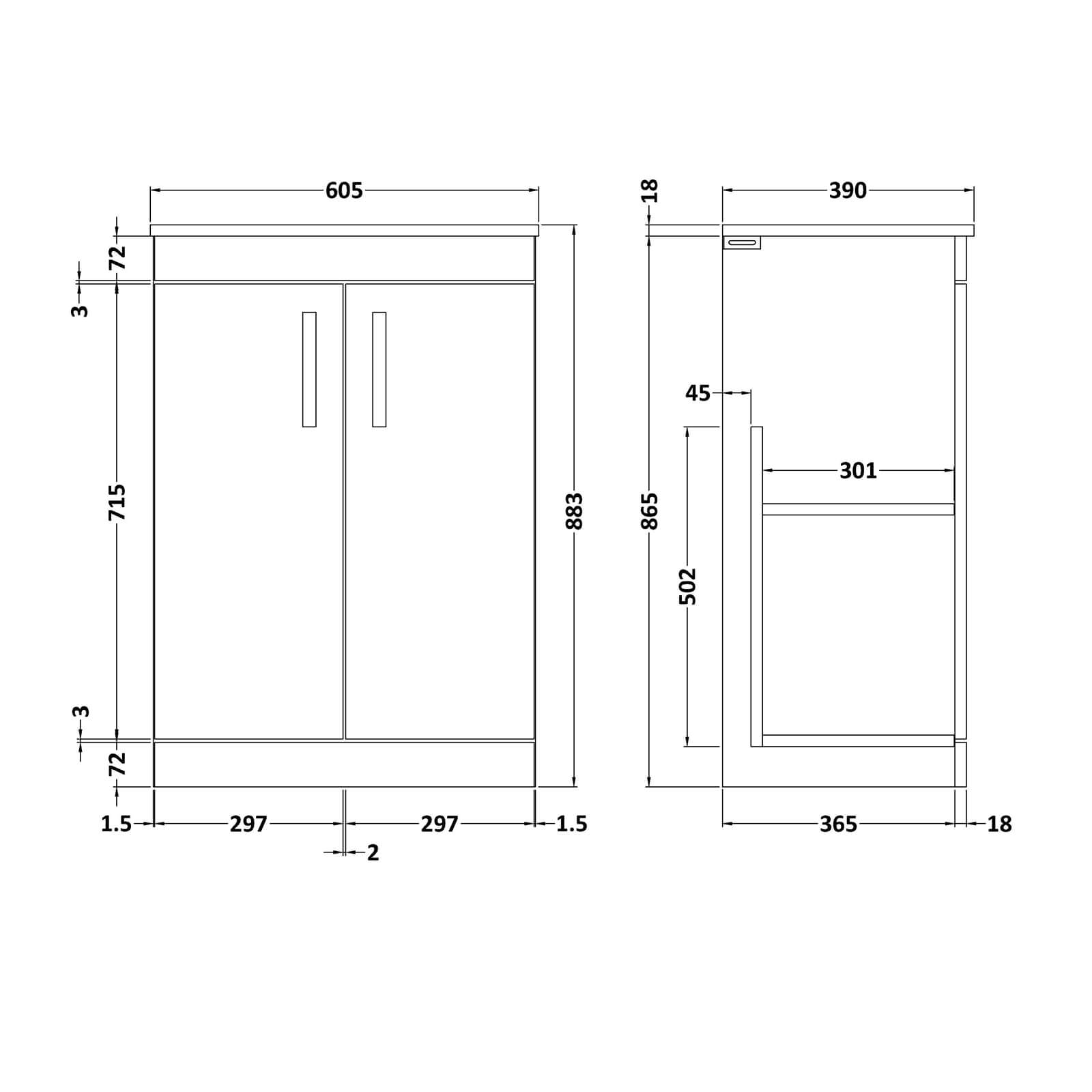 Balterley Rio 600mm Freestanding 2 Door Vanity With Worktop - Brown Grey Avola