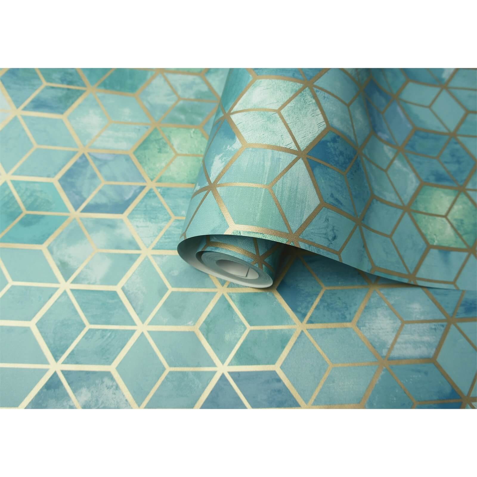 Holden Decor Tafoni Geometric Smooth Metallic Teal Wallpaper