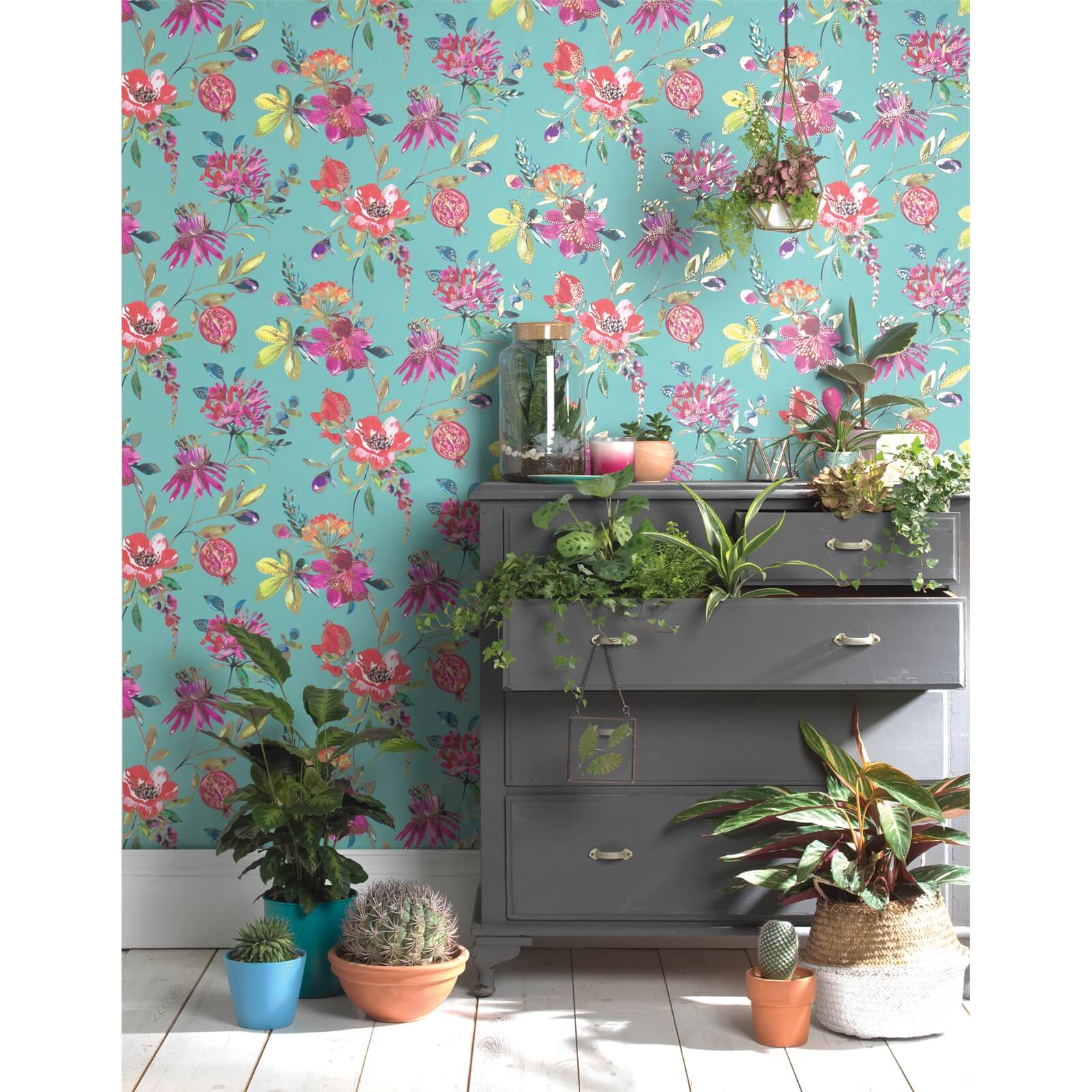 Holden Decor Punica Floral Smooth Metallic Soft Teal Wallpaper