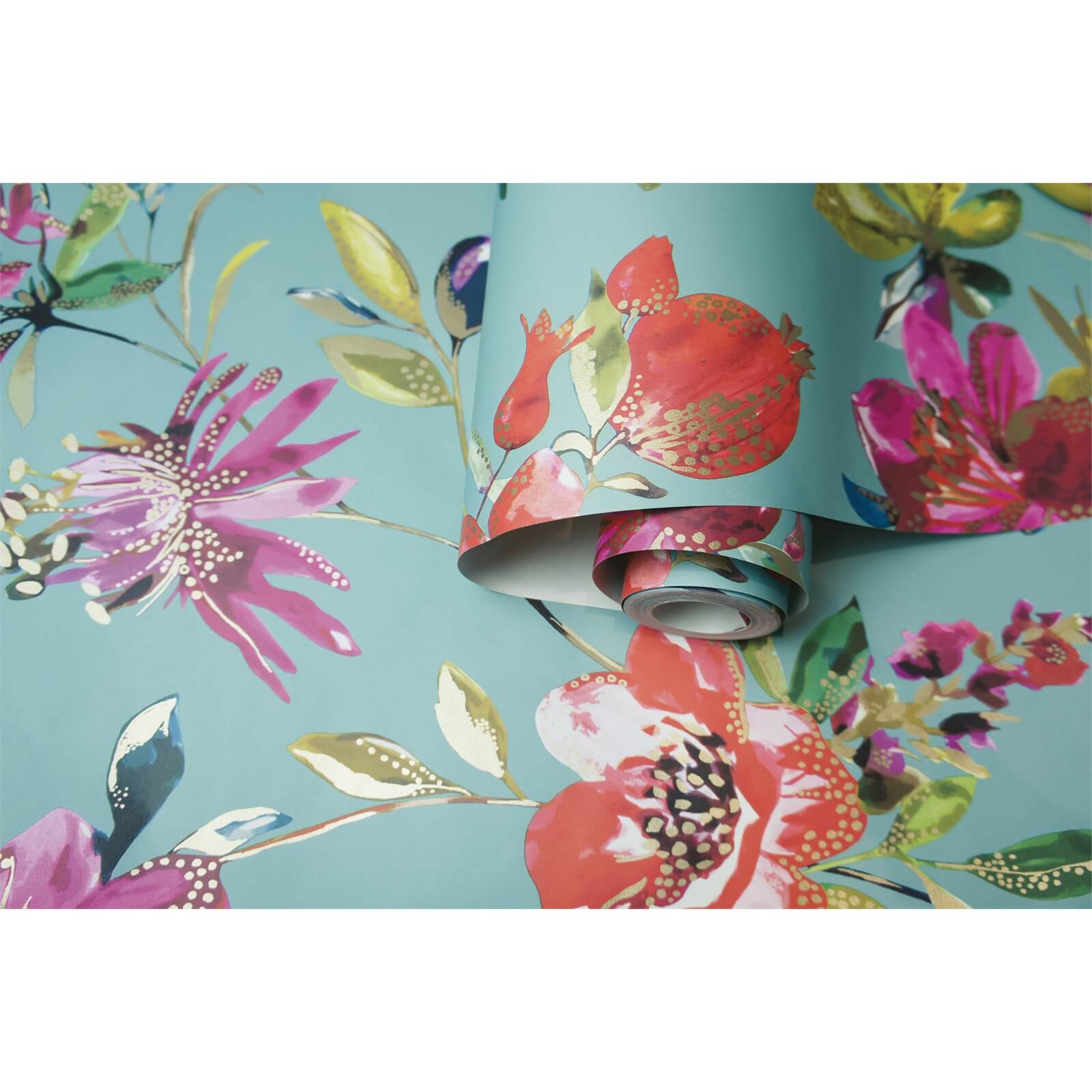 Holden Decor Punica Floral Smooth Metallic Soft Teal Wallpaper