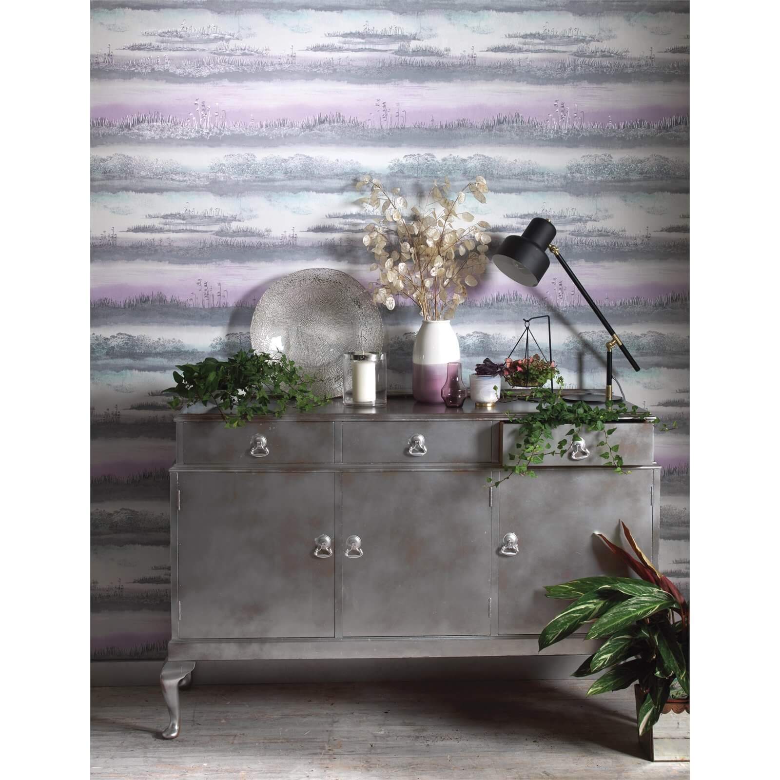 Holden Decor Aaru Watercolour Sunset Smooth Metallic Heather and Teal Wallpaper