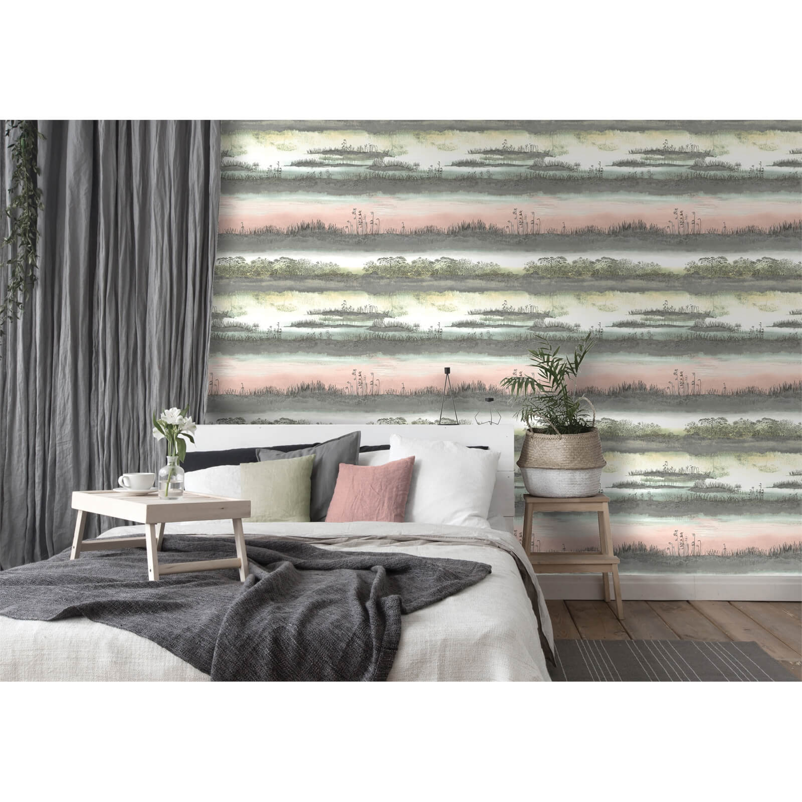 Holden Decor Aaru Watercolour Sunset Smooth Metallic Pink and Soft Teal Wallpaper
