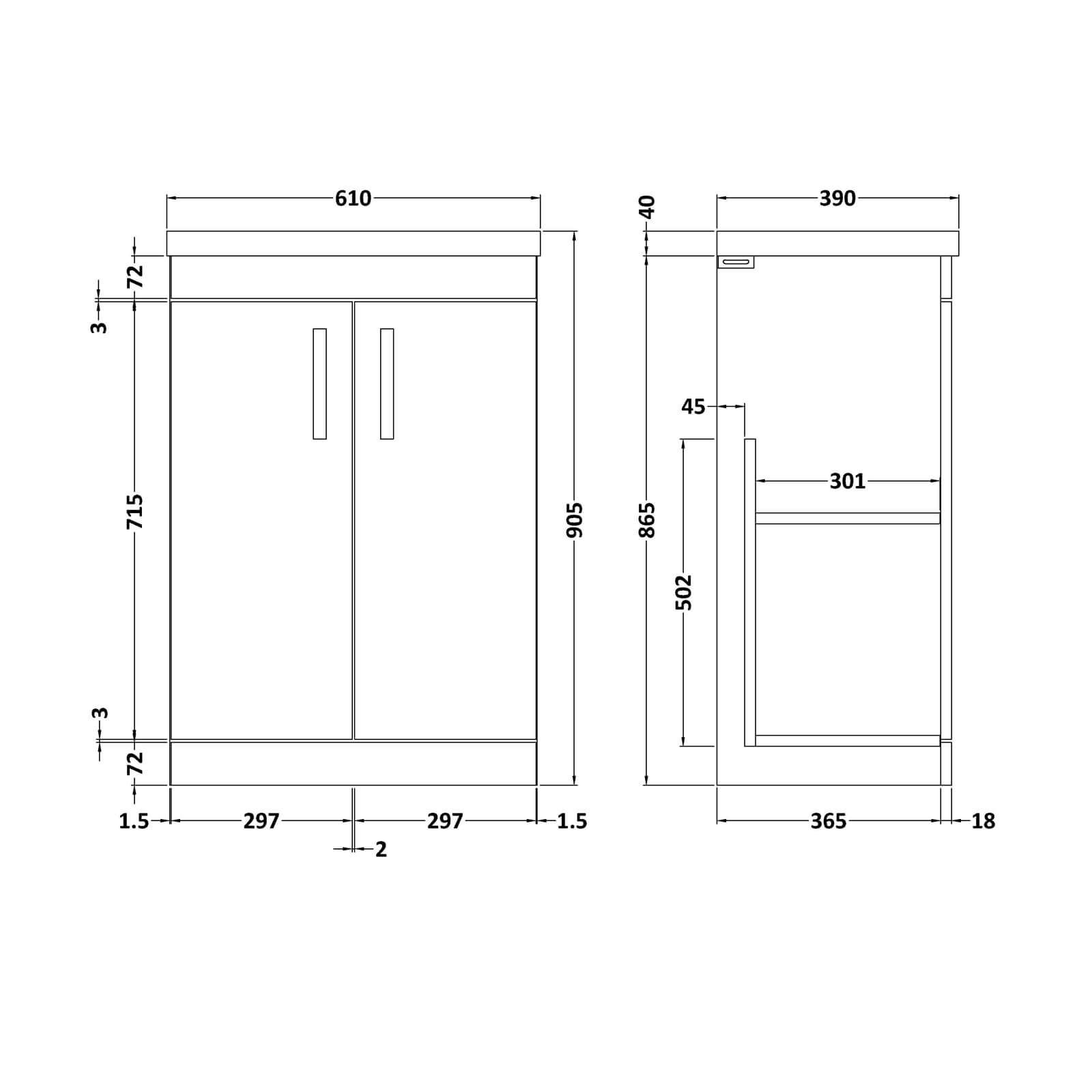 Balterley Rio 600mm Freestanding 2 Door Vanity With Basin 1 - Gloss White