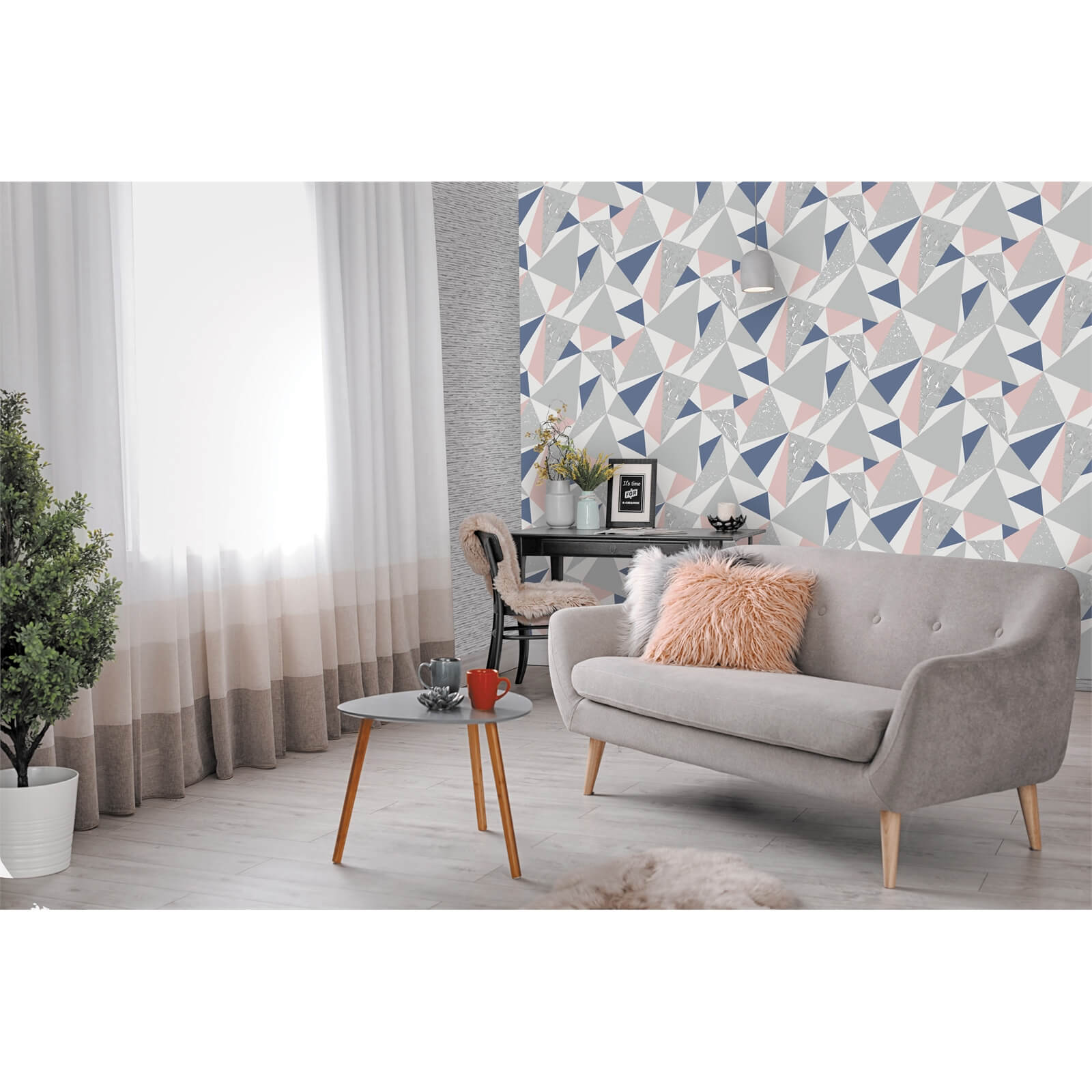 Holden Decor Glacier Geometric Smooth Metallic Navy and Coral Wallpaper