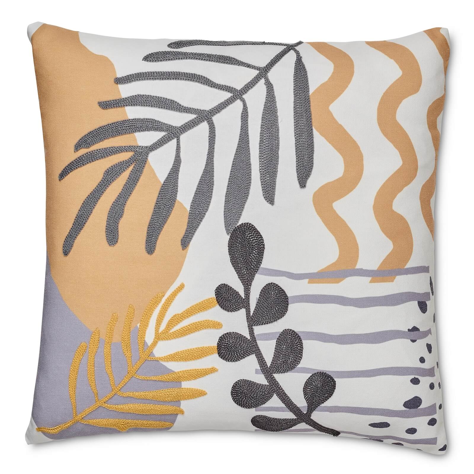 Embroidered and Print Leaf Cushion - Ochre & Grey