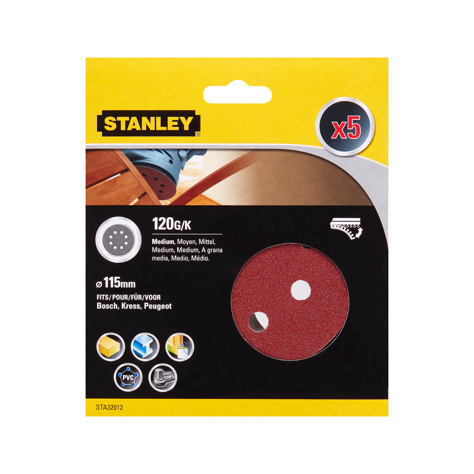 STANLEY - 5x 120g Quick Fit Random Orbital Sanding Discs 115mm