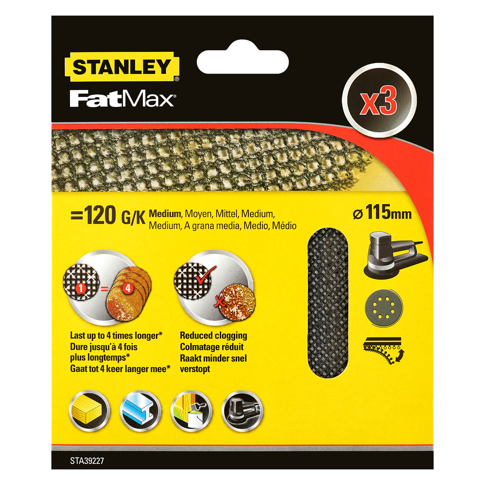 STANLEY FATMAX - 3x 120g Quick Fit Random Orbital Sanding Mesh Discs 115mm