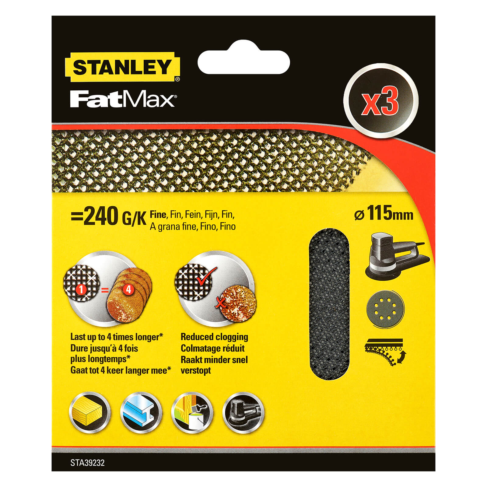 Stanley Fatmax - 3x 240g Quick Fit Random Orbital Sanding Mesh Discs 115mm