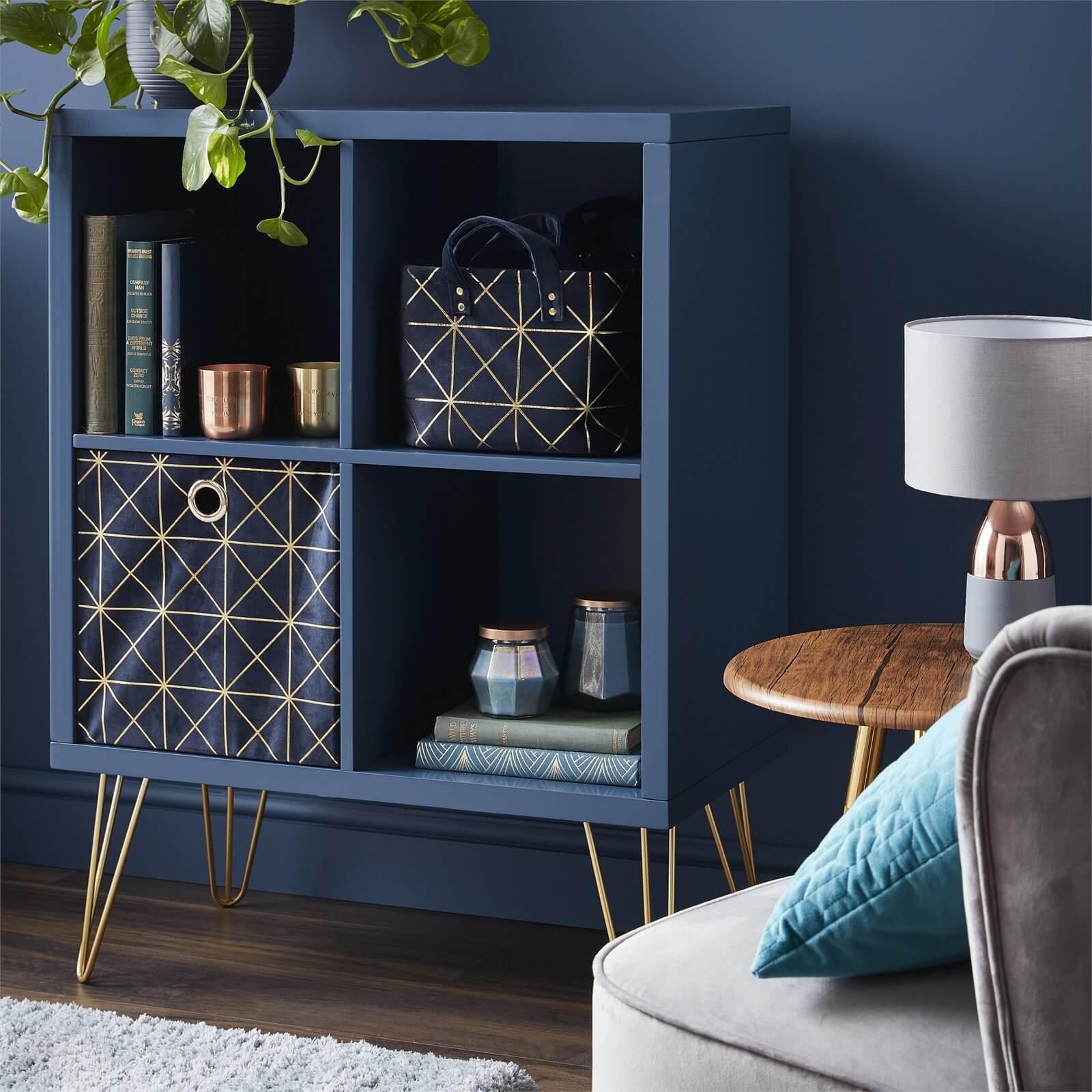 2x2 Cube Storage Unit - Orion Blue with Gold Metal Legs