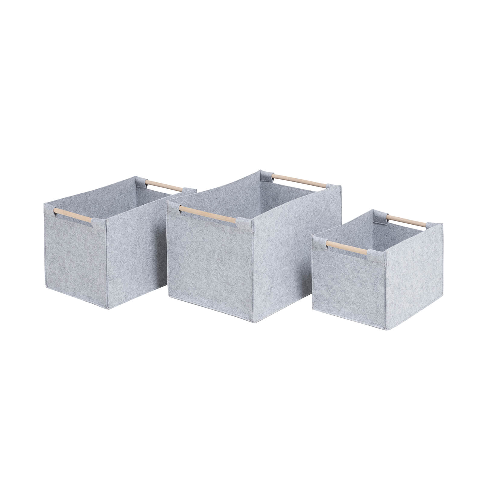 Grey Felt Baskets with Wooden Handles - Set of 3