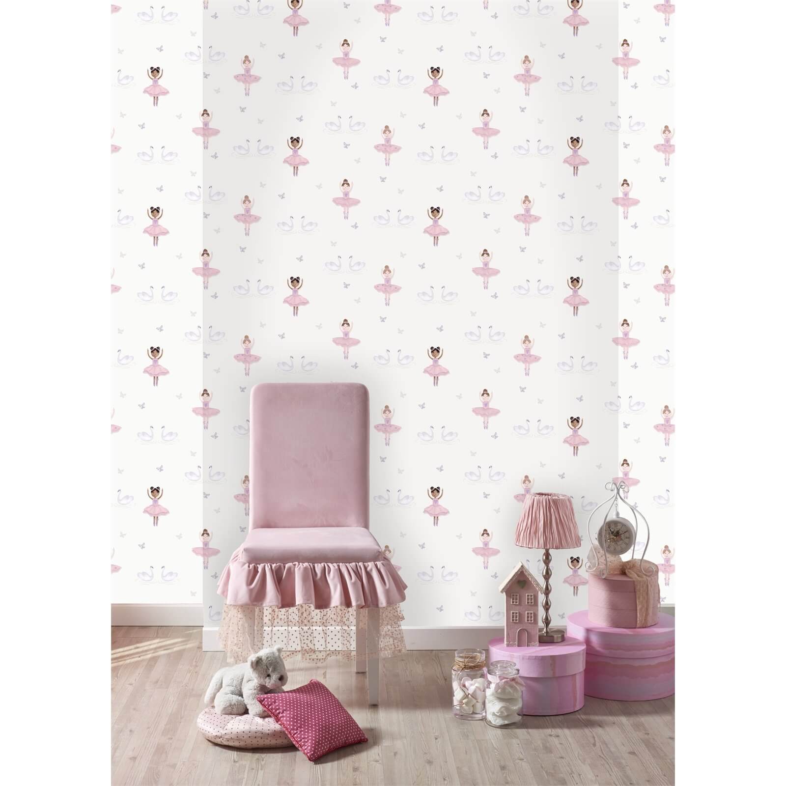 Holden Decor Ballerina Kids Smooth Metallic Glitter Cream and Pink Wallpaper
