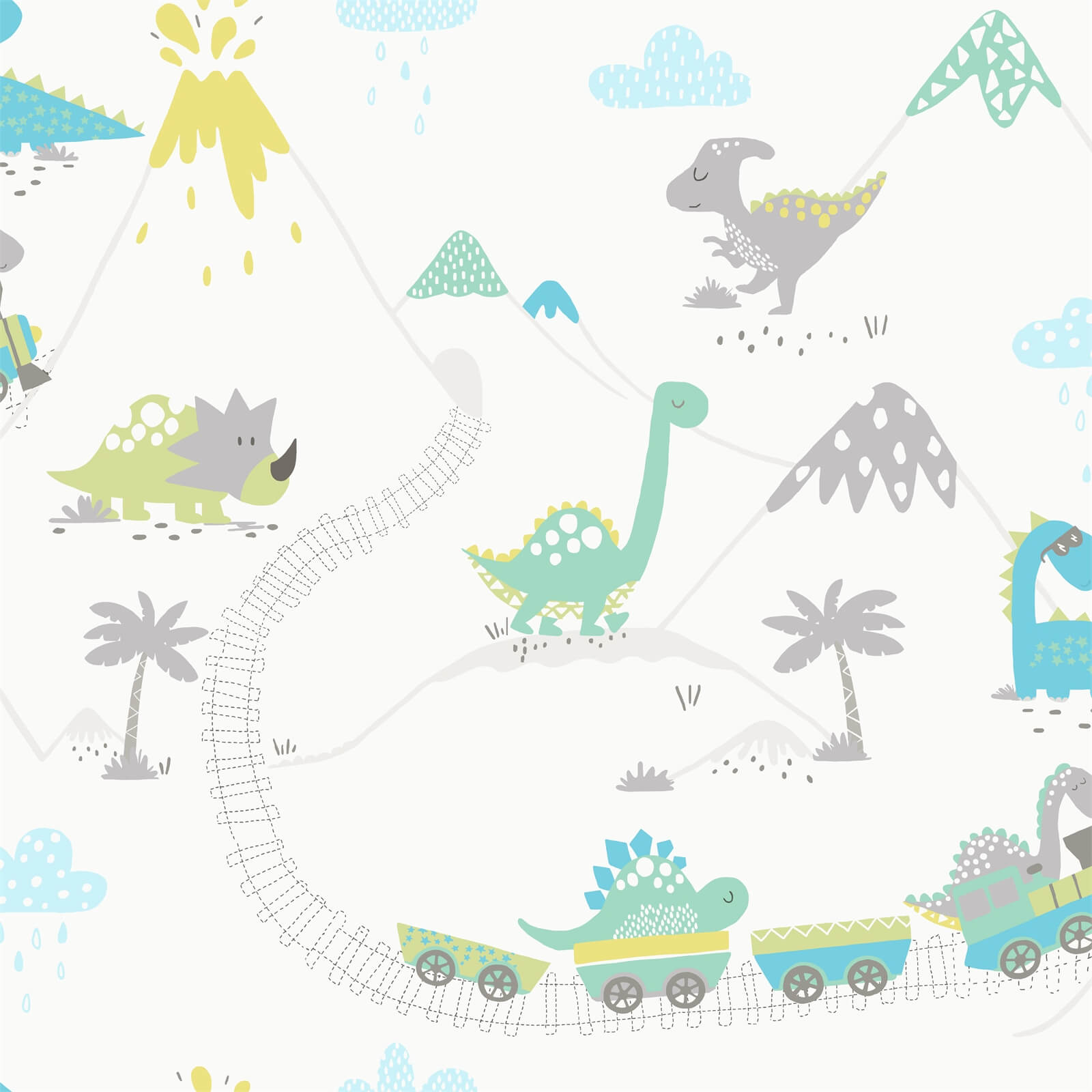 Holden Decor Dino Town Dinosaur Smooth Grey and Soft Teal Wallpaper