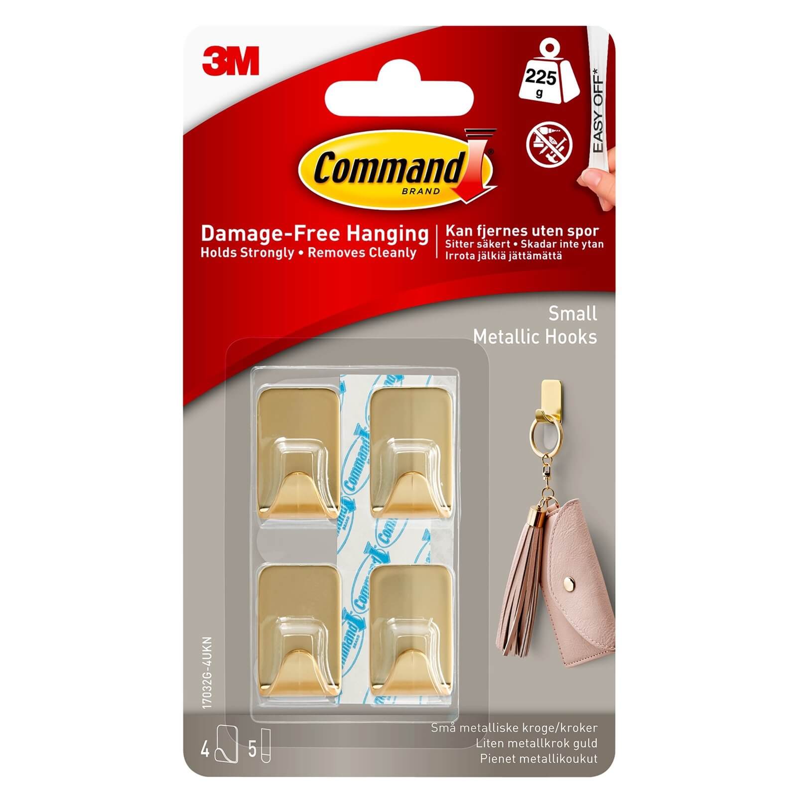 Command Self-Adhesive Small Metallic Hook Gold Colour - 4 Hooks, 5 Strips