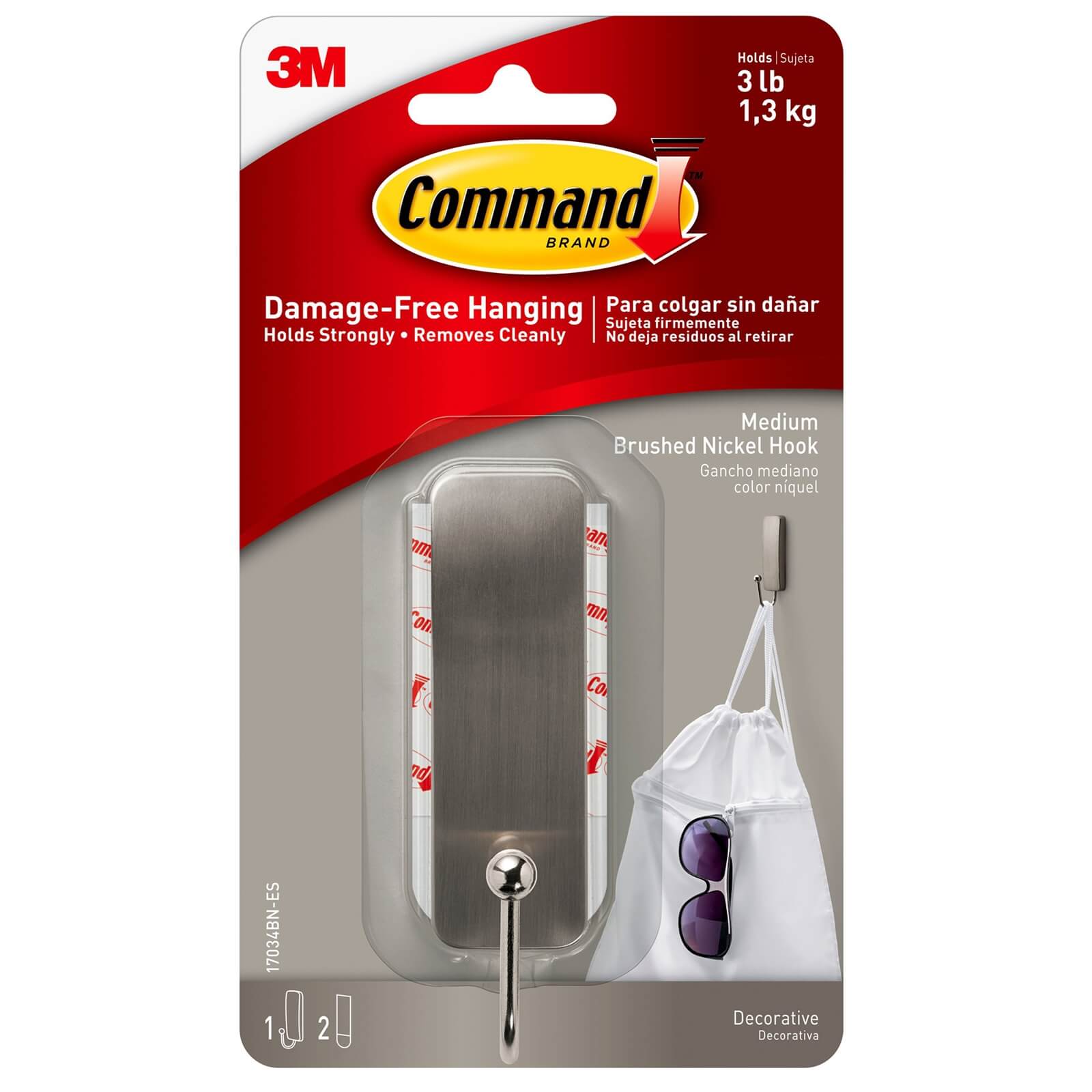 Command Medium Self Adhesive Hook - Brushed Nickel